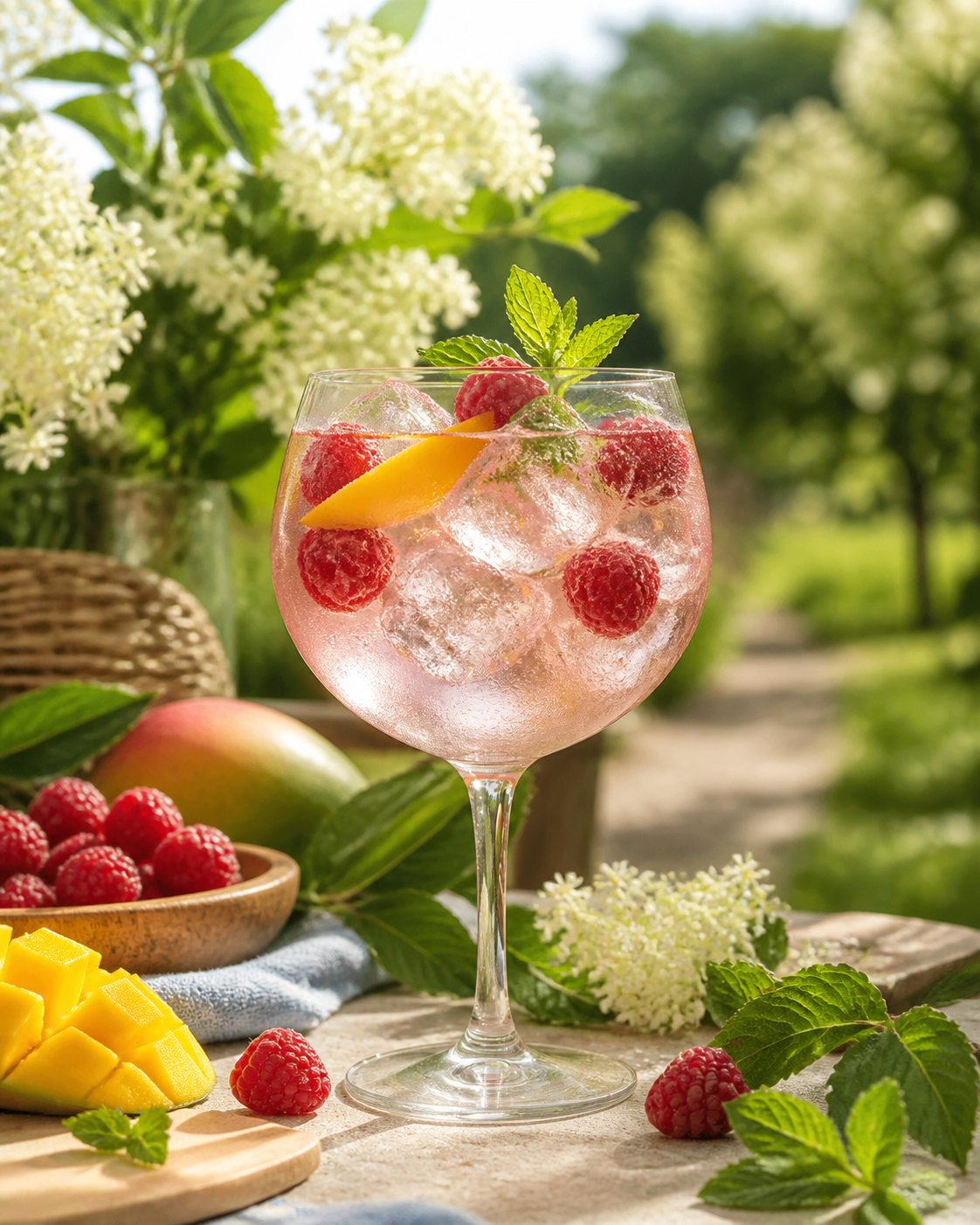 Tarquin's Raspberry & Mango Gin servi avec Fever-Tree Elderflower Tonic Water, agrémenté de Raspberries et Mint sprig