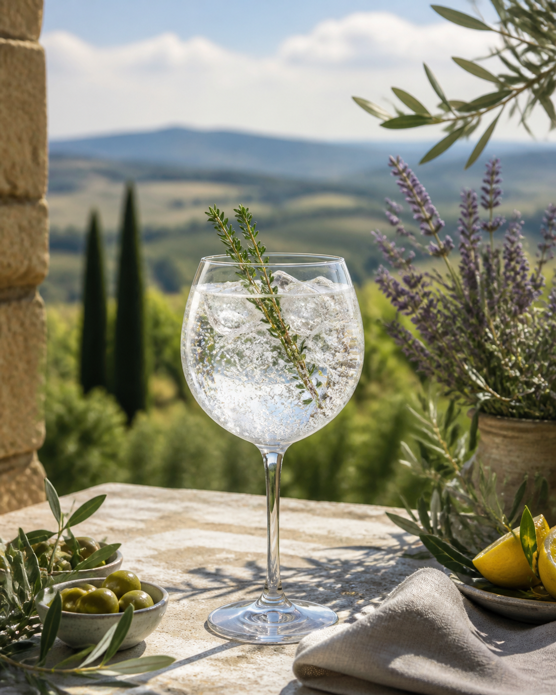 Sabatini Gin served with Fever-Tree Mediterranean Tonic Water, garnished with Thyme sprig