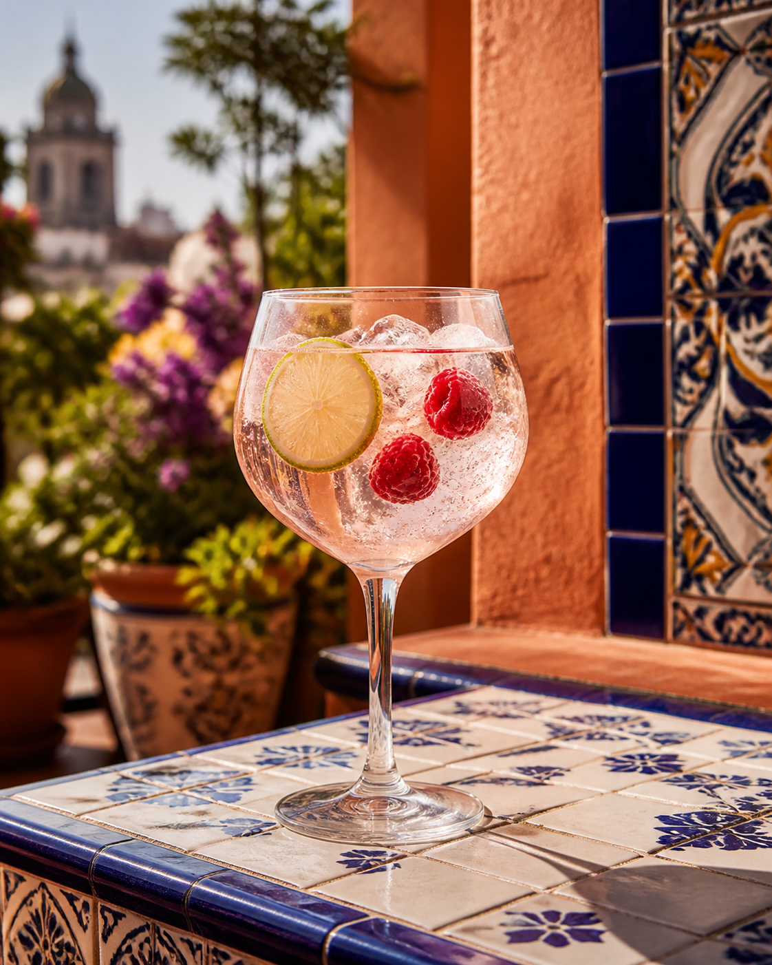 Condesa Gin Prickly Pear and Orange Blossom servi avec Fever-Tree Mediterranean Tonic Water, agrémenté de Lime wheel et Raspberries