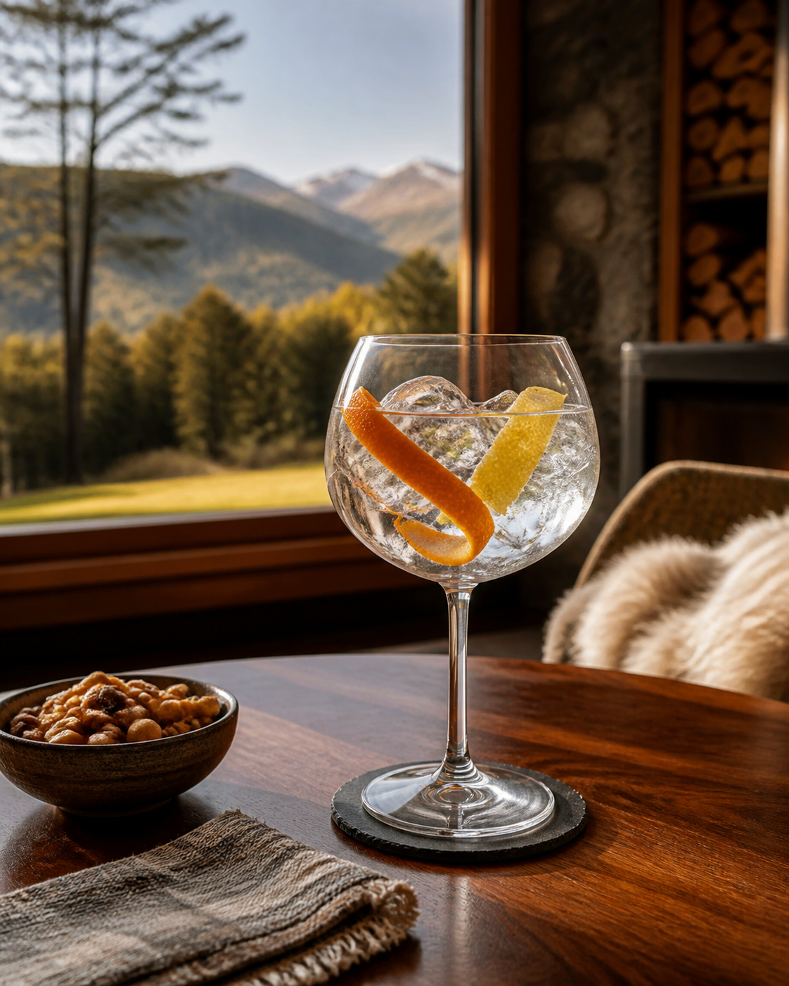 BOSQUE Nativo servi avec Fever-Tree Indian Tonic Water, agrémenté de Lemon peel et Orange peel