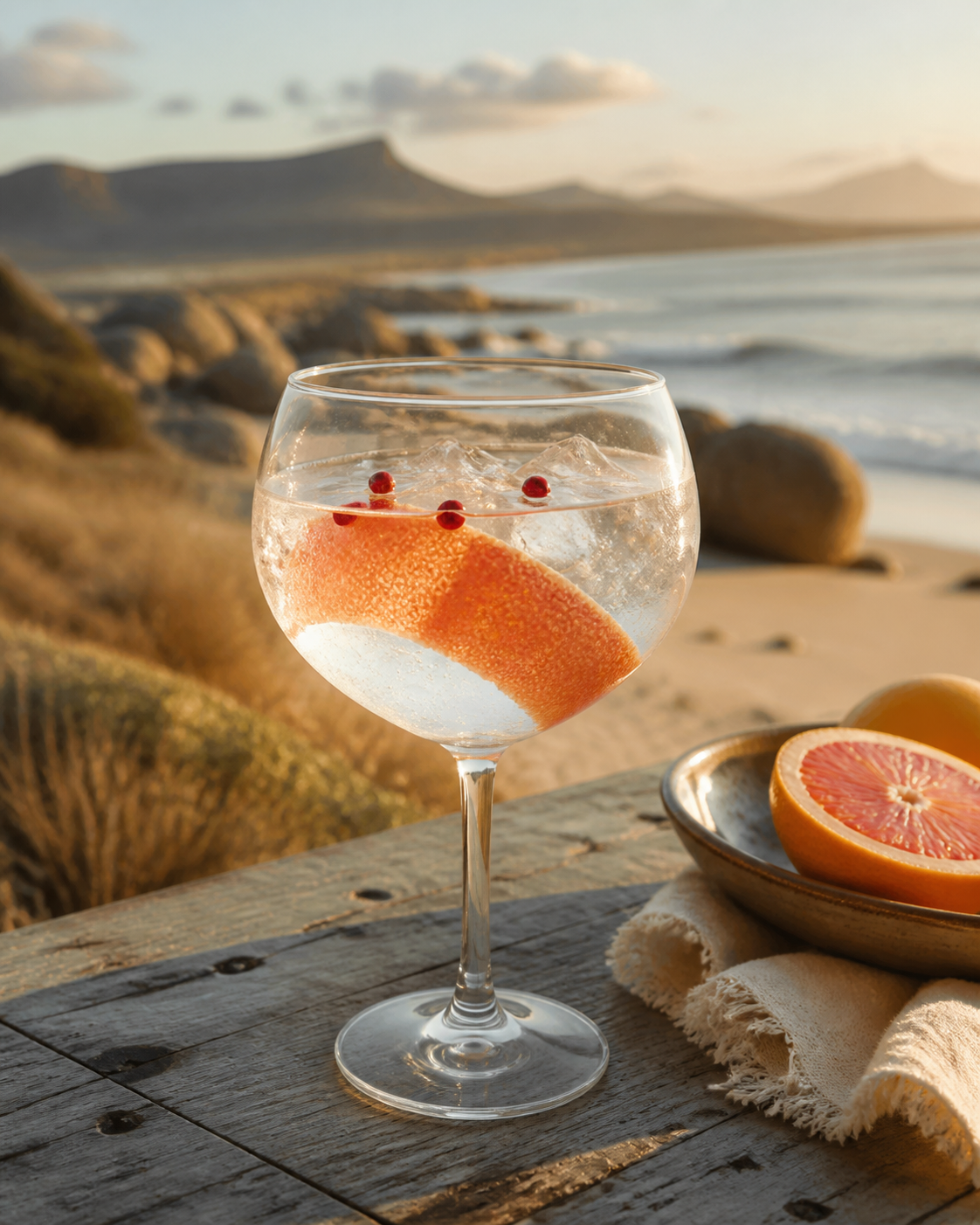 Stillhouse Gin servi avec Fever-Tree Indian Tonic Water, agrémenté de Grapefruit peel et Pink peppercorns