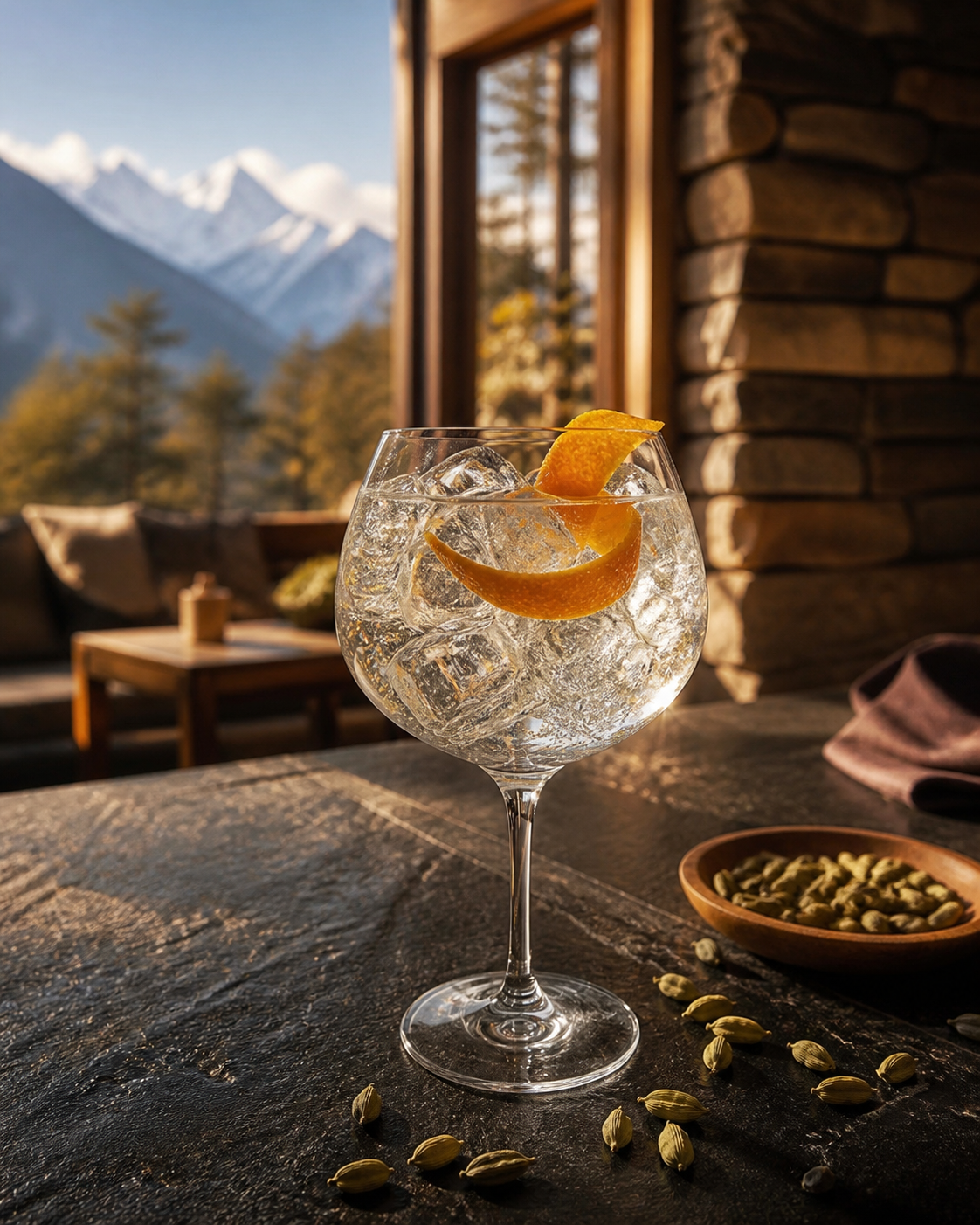 Hapusa Himalayan Dry Gin served with Fever-Tree Indian Tonic Water, garnished with Orange peel