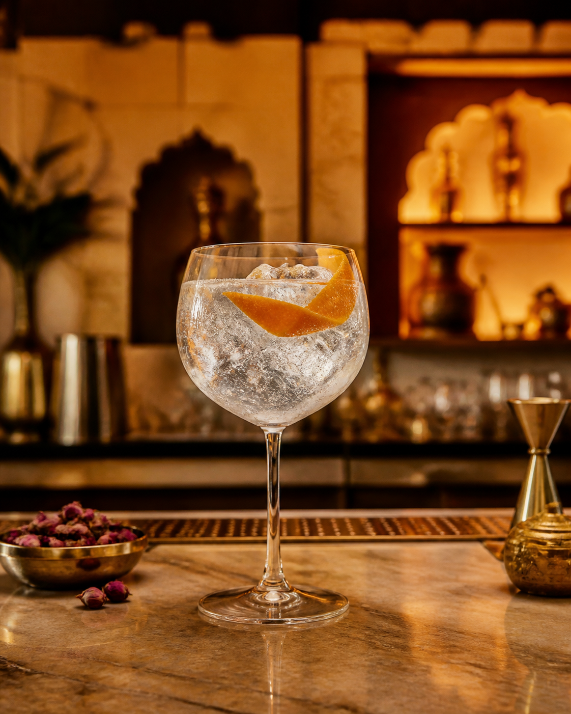 Jaisalmer Indian Craft Gin servi avec Fever-Tree Indian Tonic Water, agrémenté de Orange peel