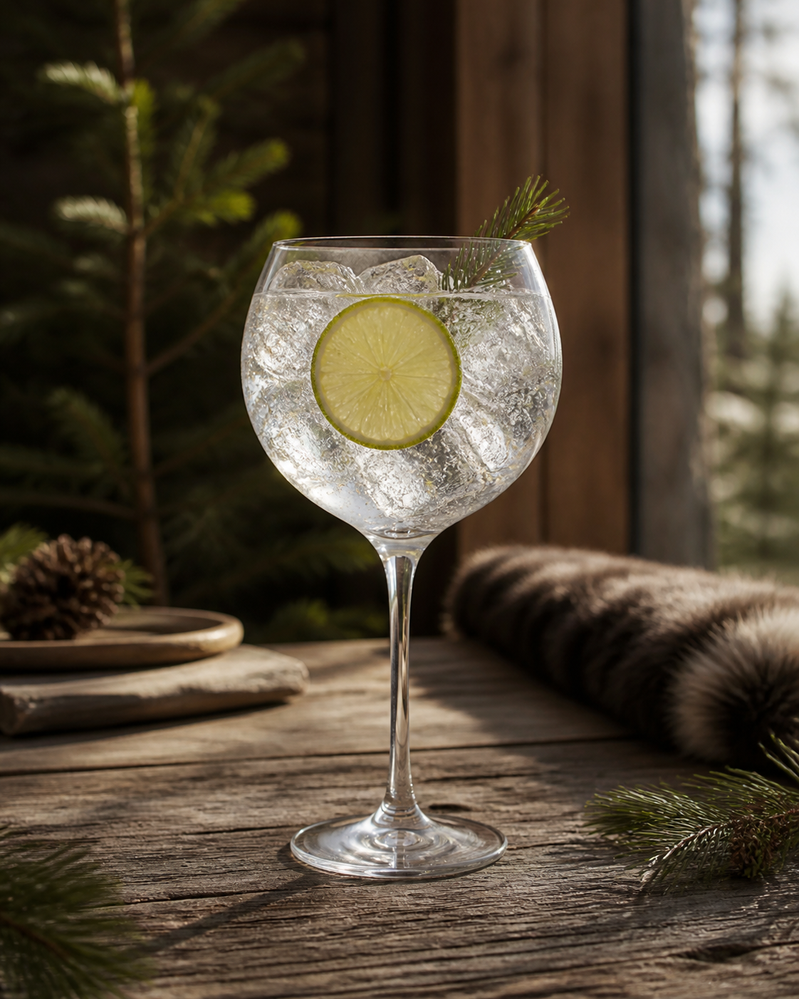 Stauning Danish Dry Gin servi avec Fever-Tree Mediterranean Tonic Water, agrémenté de Lime wheel et Pine sprig