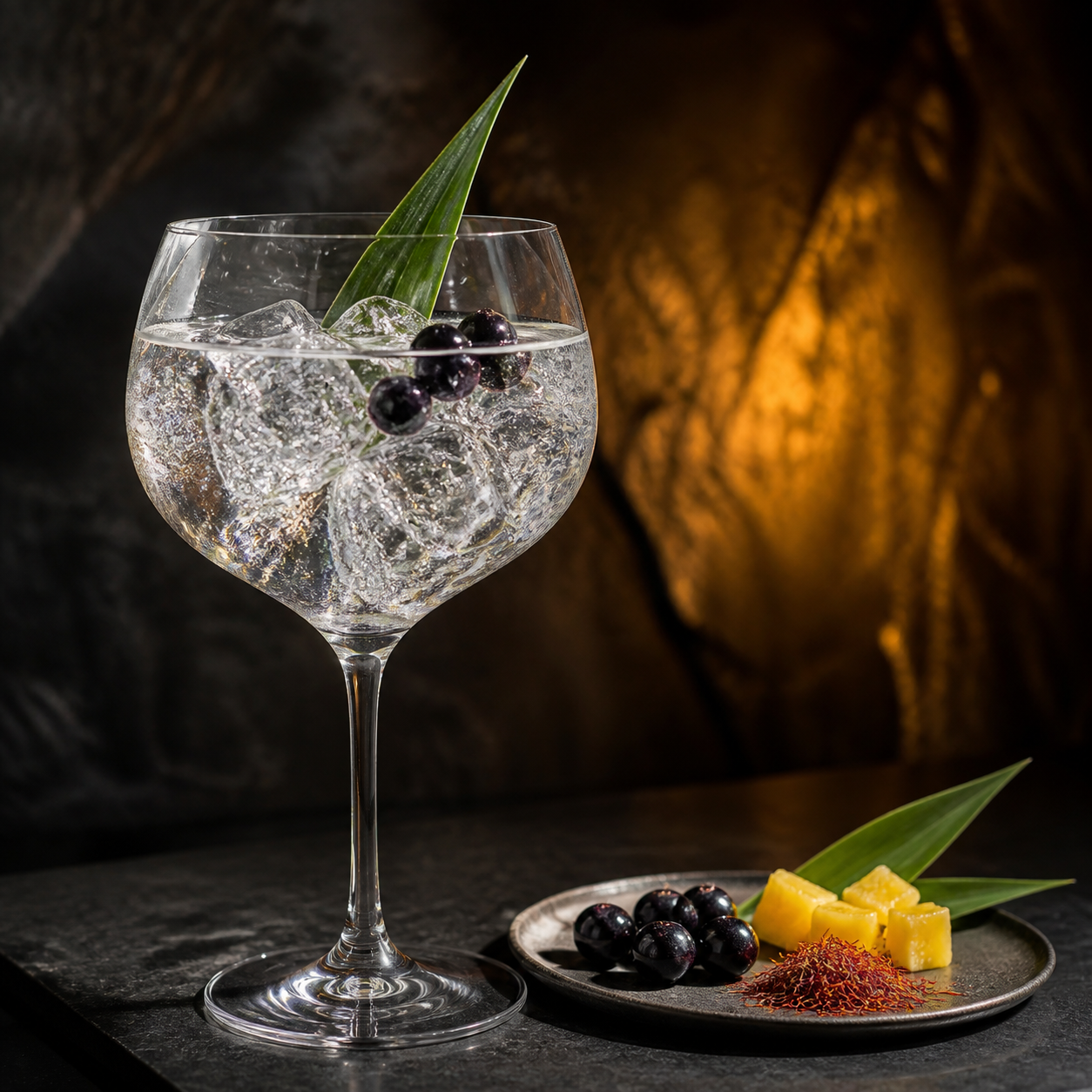 Scapegrace Black servi avec Fever-Tree Indian Tonic Water, agrémenté de pineapple and aronia berries