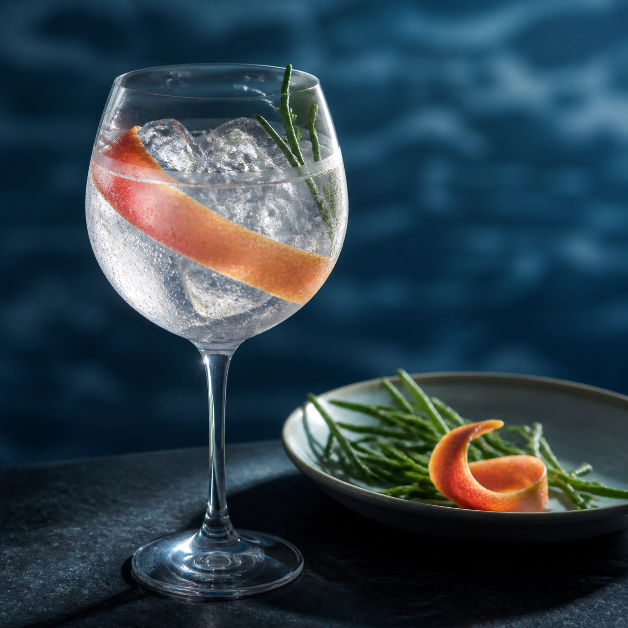 Edinburgh Gin Seaside served with Fever-Tree Indian Tonic Water, garnished with a grapefruit twist and samphire