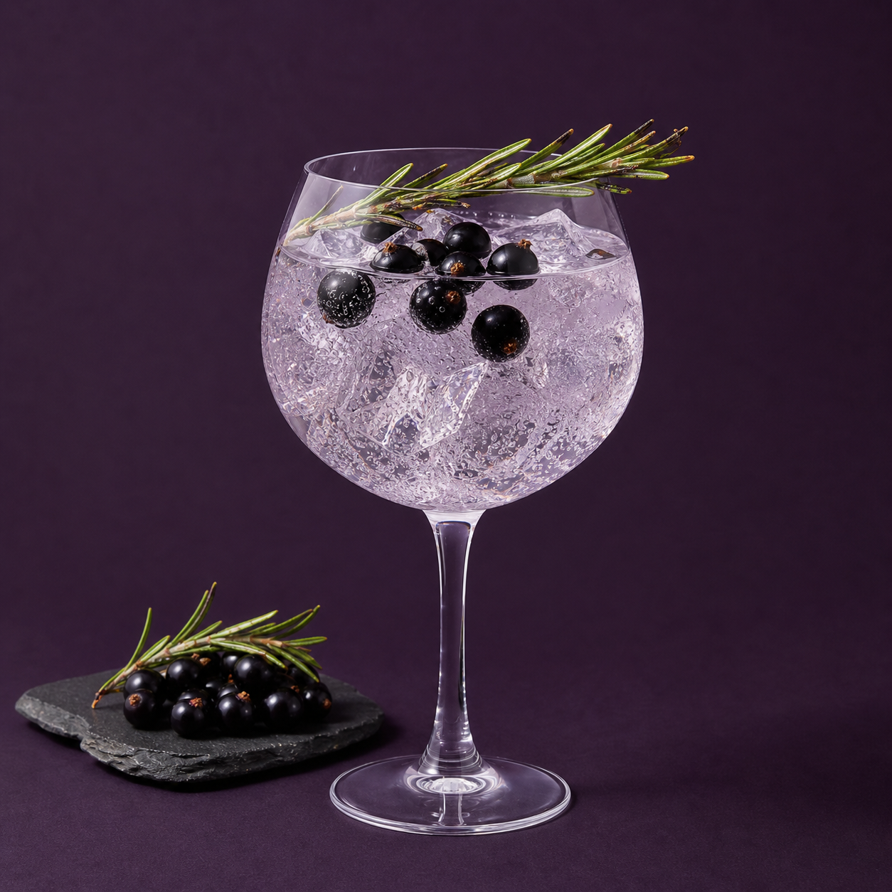 Tanqueray Blackcurrant Royale Gin servi avec Fever-Tree Mediterranean Tonic Water, agrémenté de Lightly singed rosemary sprig et Fresh blackcurrants