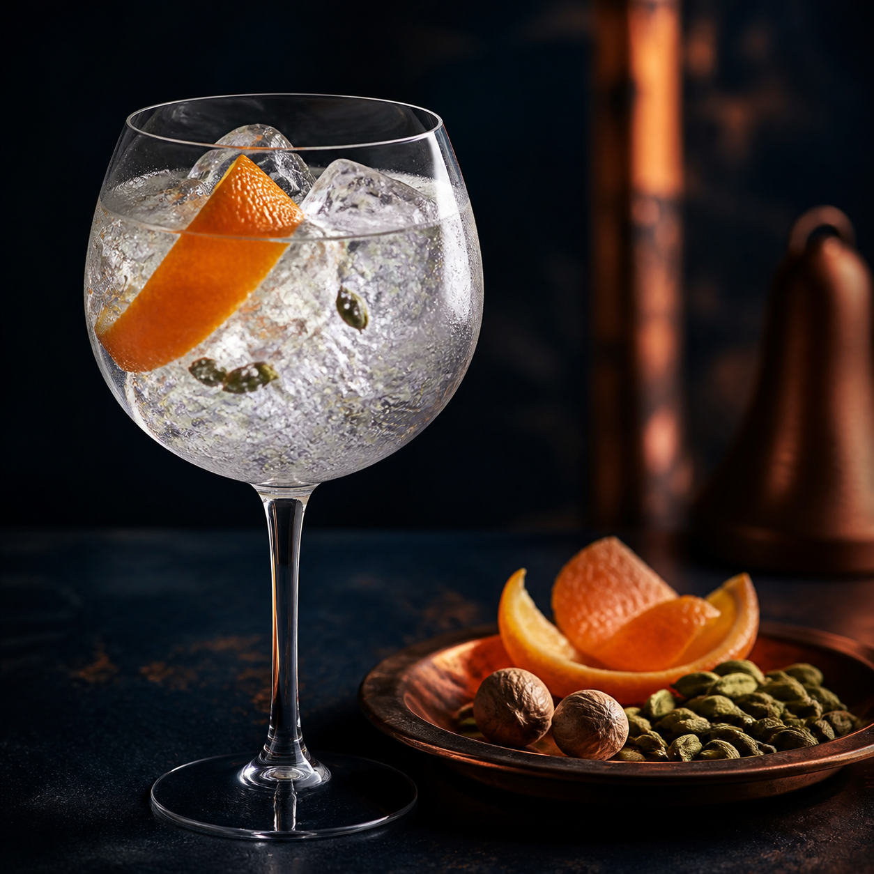 Admiral Collingwood Navy Gin servi avec Fever-Tree Indian Tonic Water, agrémenté de an orange twist and cardamom