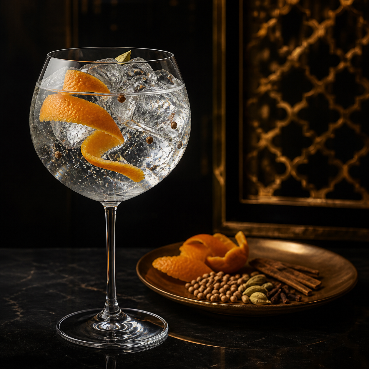 Scapegrace Gold servi avec Fever-Tree Indian Tonic Water, agrémenté de a mandarin twist and coriander seeds