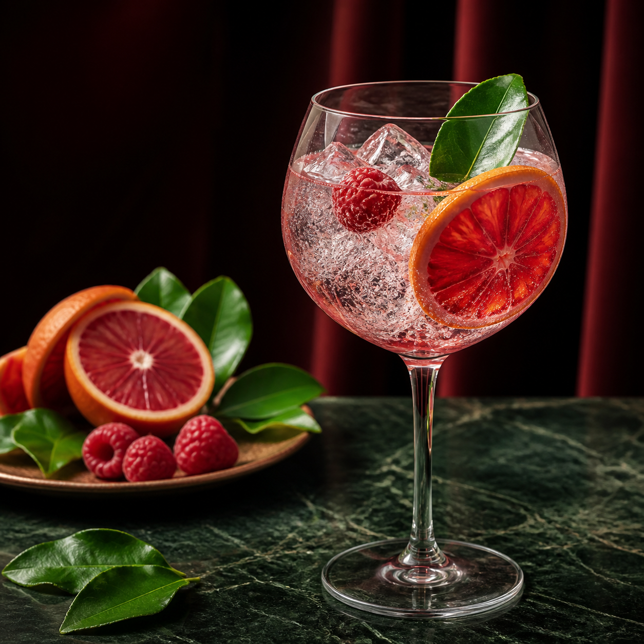 Scapegrace Blood Moon served with Fever-Tree Indian Tonic Water, garnished with blood orange and raspberry