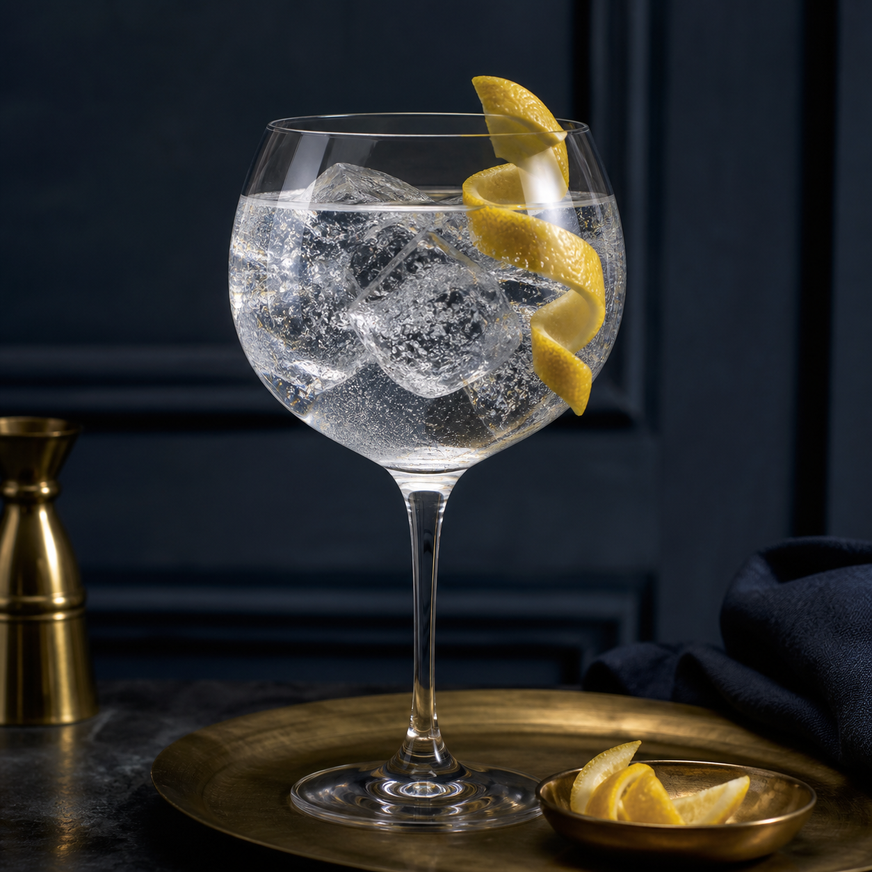 Portobello Road Gin Navy Strength servi avec Fever-Tree Indian Tonic Water, agrémenté de a long lemon twist