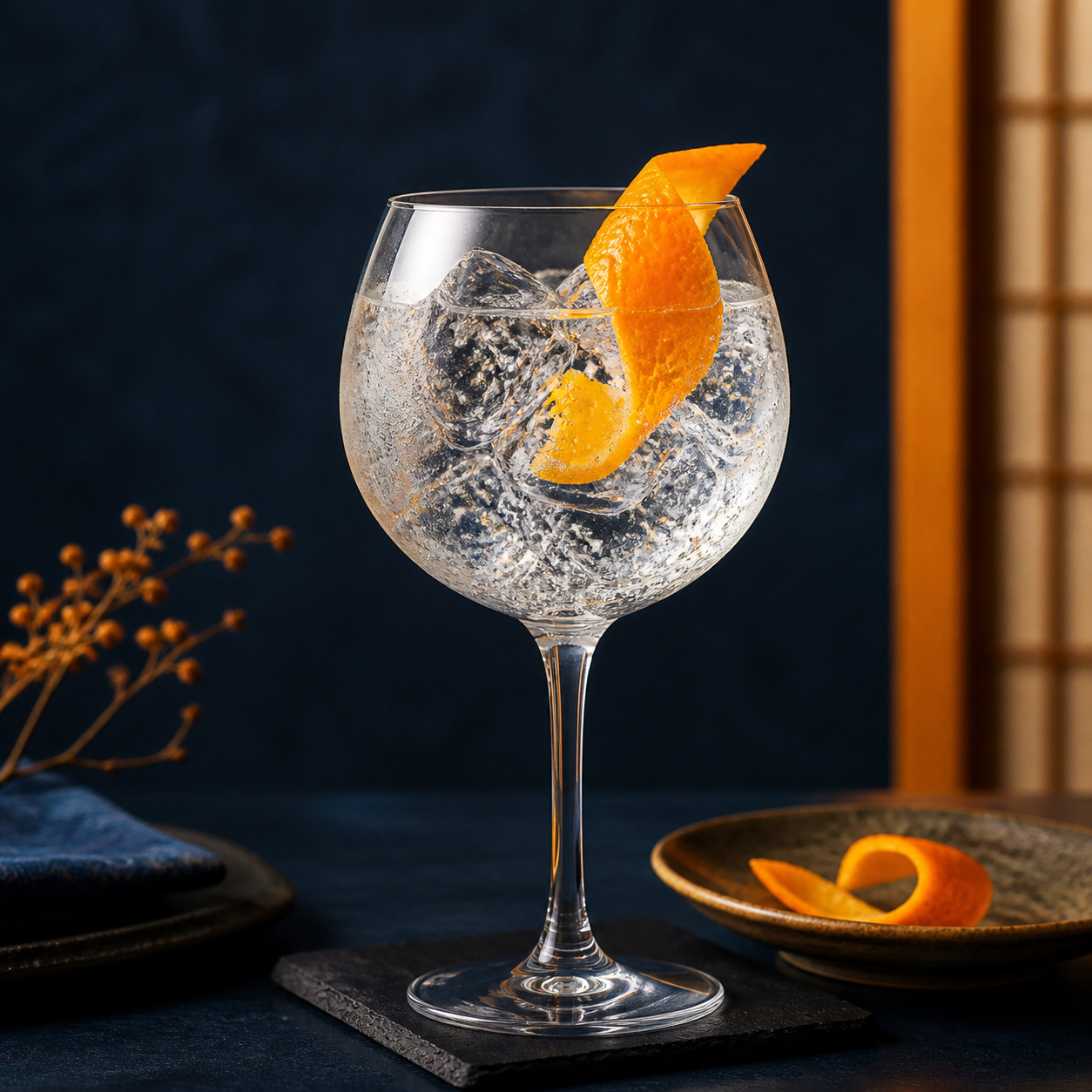 Etsu Double Orange served with Fever-Tree Indian Tonic Water, garnished with an orange twist
