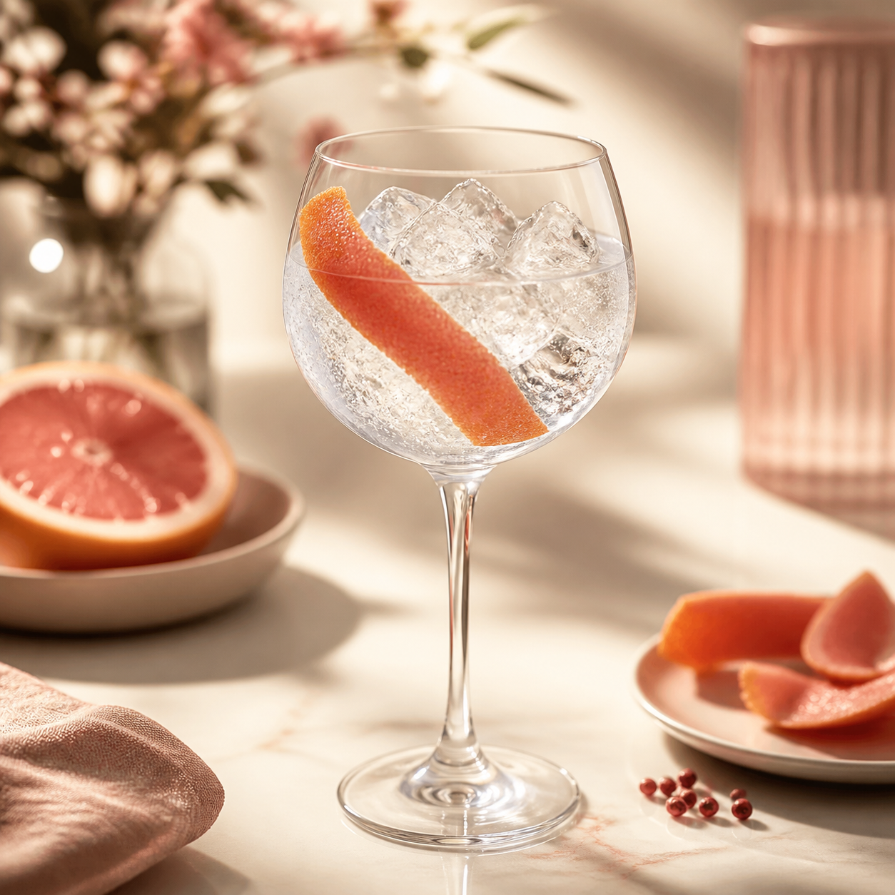 Pink Grapefruit Old Tom Gin servi avec Fever-Tree Refreshingly Light Indian Tonic Water, agrémenté de fresh pink grapefruit peel