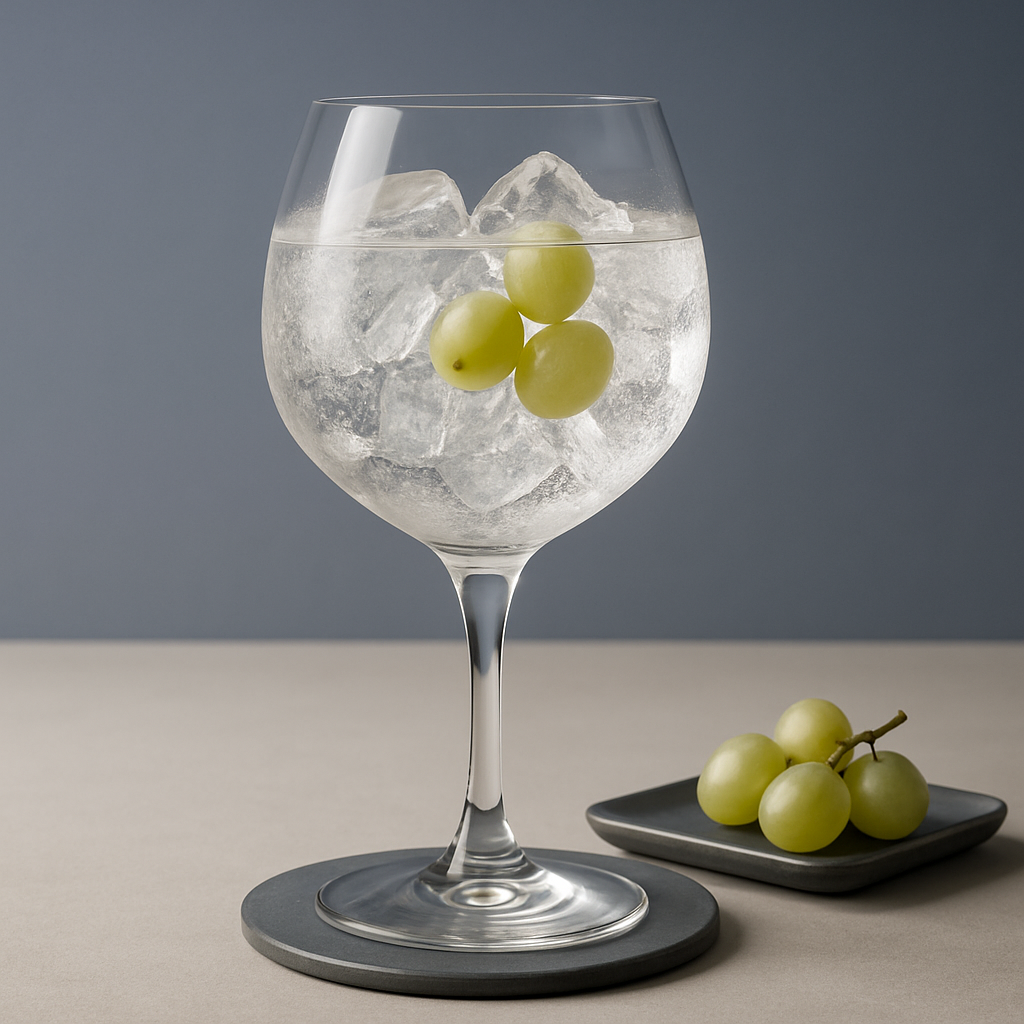 Nordes Gin served with Thomas Henry Tonic Water, garnished with White grapes