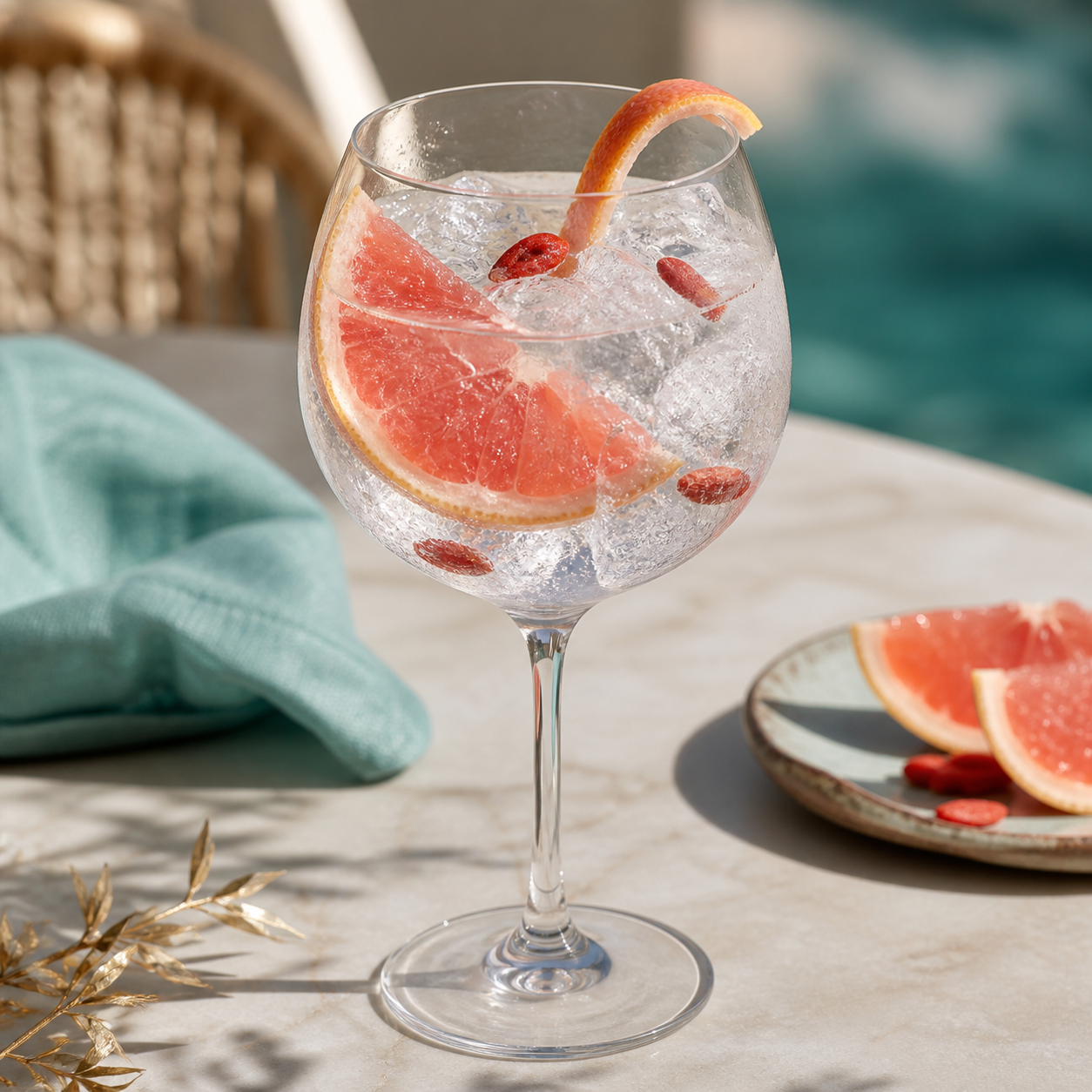 Rock Rose Gin Citrus Coastal Edition servi avec Fever-Tree Indian Tonic Water, agrémenté de pink grapefruit and goji berries