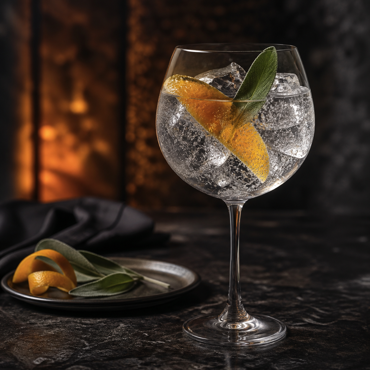 Rock Rose Smoked Orange Edition servi avec Fever-Tree Indian Tonic Water, agrémenté de an orange twist and a sage leaf