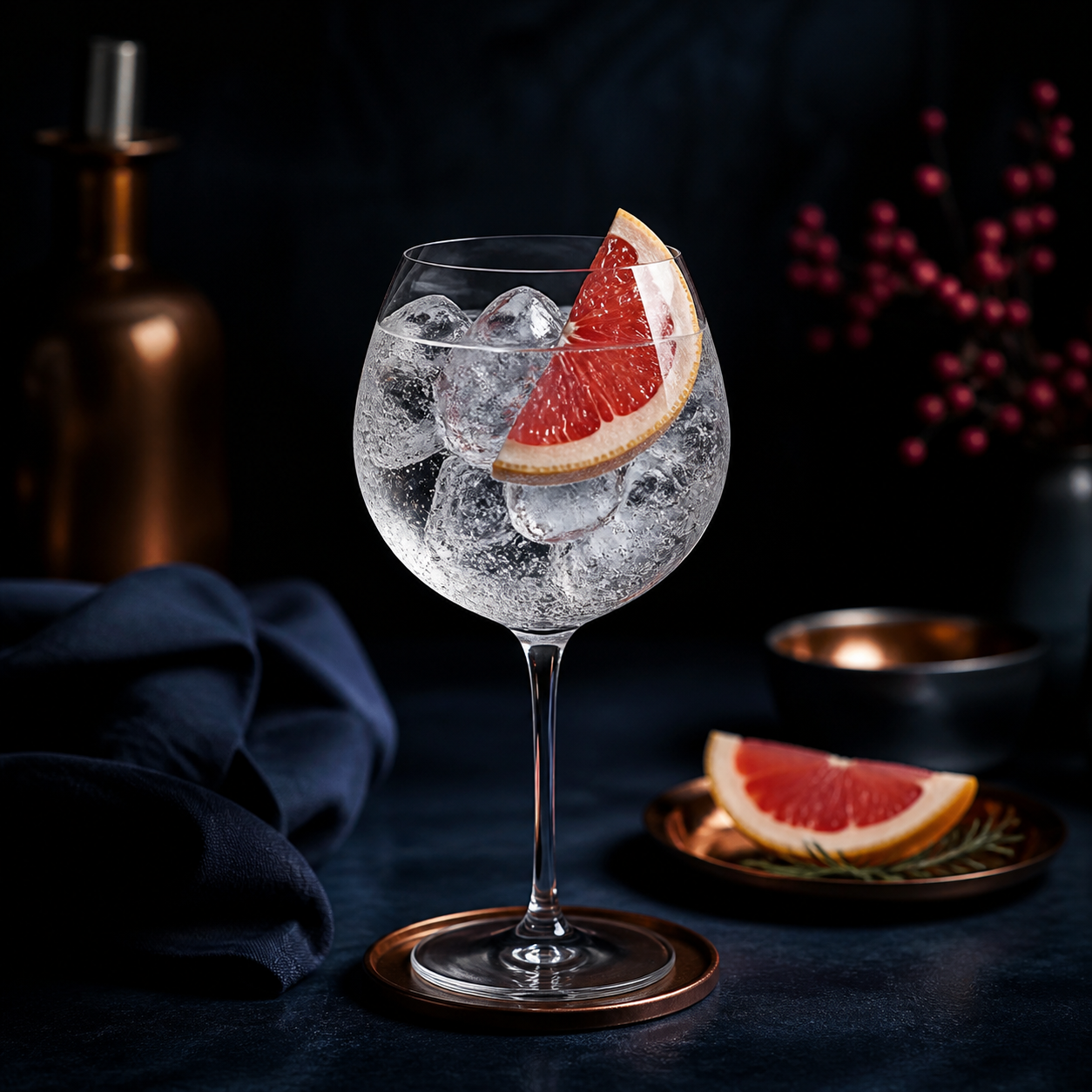 Navy Strength Rock Rose Gin servi avec Fever-Tree Mediterranean Tonic Water, agrémenté de a wedge of pink grapefruit