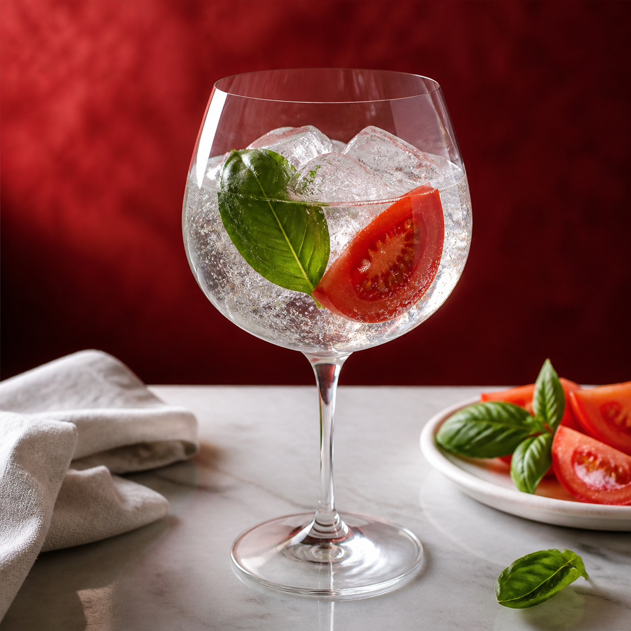 Red Snapper Gin servi avec Fever-Tree Indian Tonic Water, agrémenté de a thin tomato wedge and basil