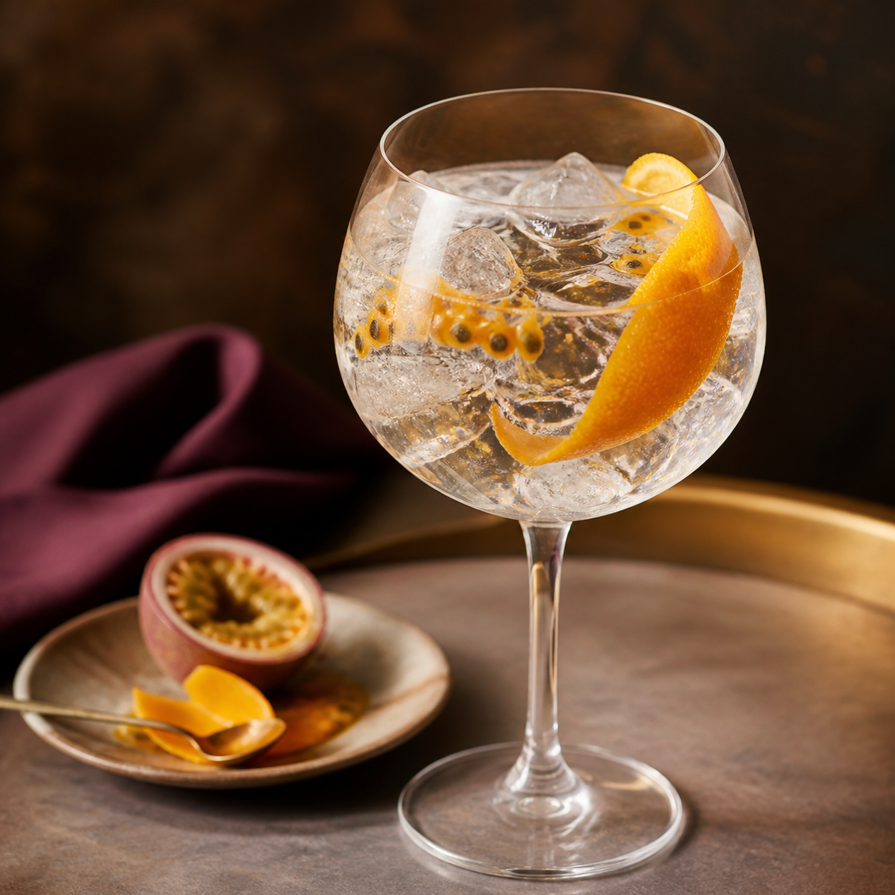 Passion Gin servi avec Fever-Tree Indian Tonic Water, agrémenté de an orange twist and passion-fruit pulp