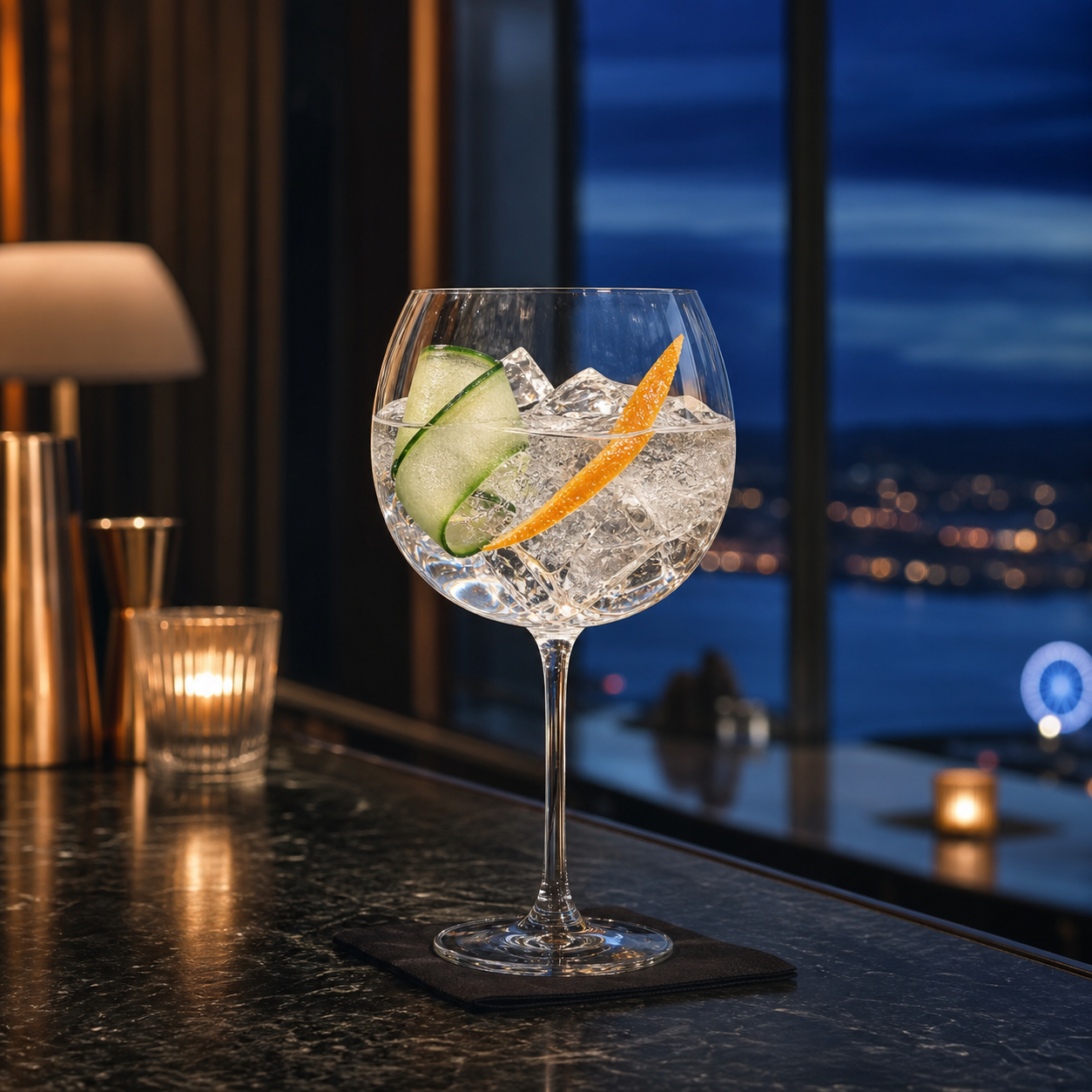 Counter Gin served with Fever-Tree Indian Tonic Water, garnished with Cucumber ribbon and Orange peel