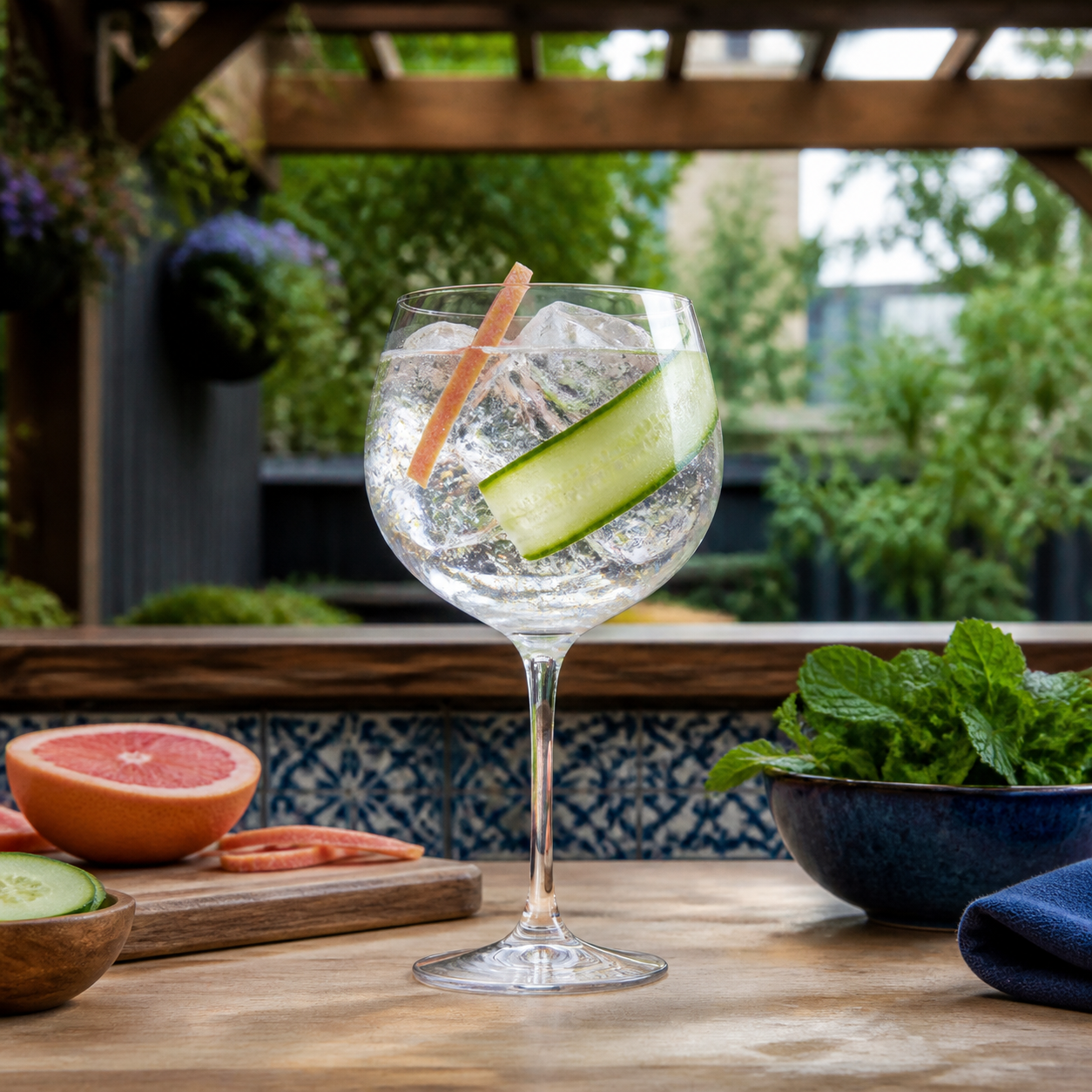 Freeland Spirits Gin served with Fever-Tree Indian Tonic Water, garnished with Cucumber ribbon and Grapefruit peel