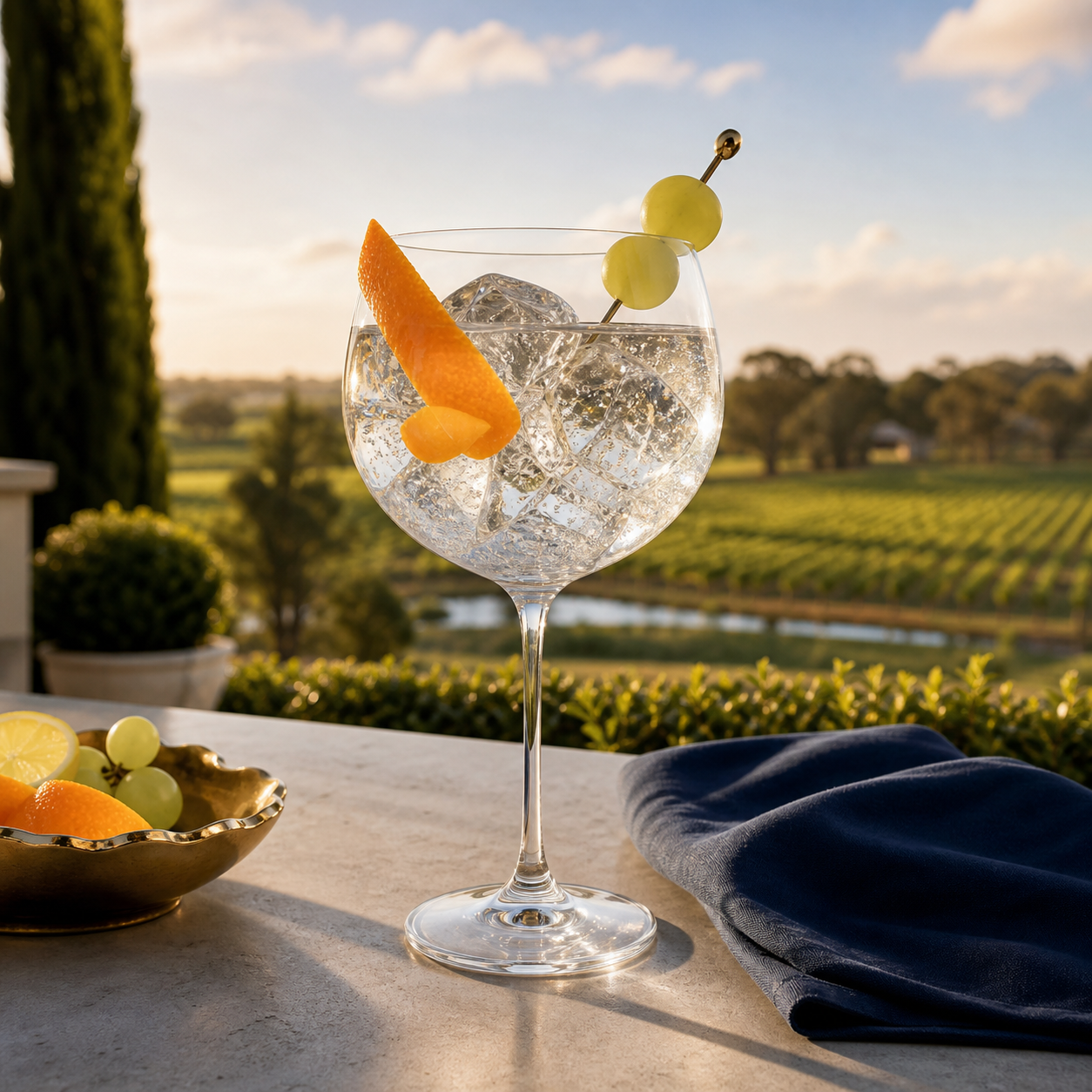 Rutherglen Signature Dry Gin served with Fever-Tree Indian Tonic Water, garnished with Orange peel and Muscat grapes