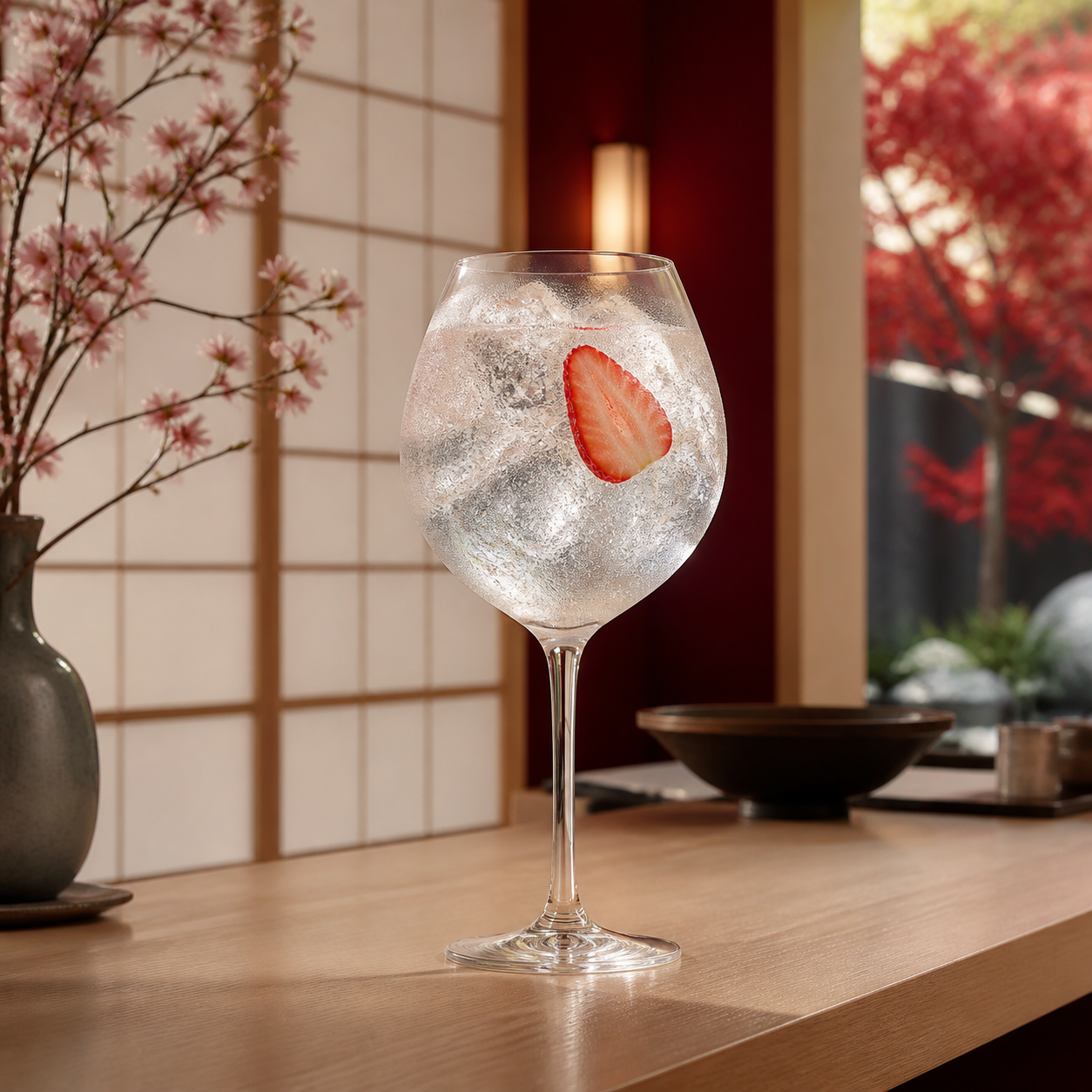 AWAYUKI Gin servi avec Fever-Tree Indian Tonic Water, agrémenté de Strawberry slice