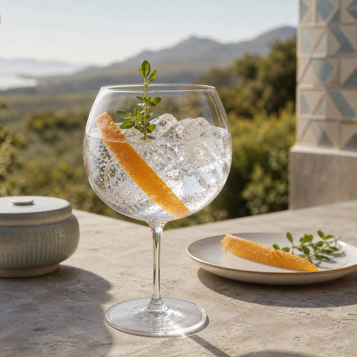 Geometric Cape Dry Gin served with Fever-Tree Mediterranean Tonic Water, garnished with Dried orange peel and Buchu sprig