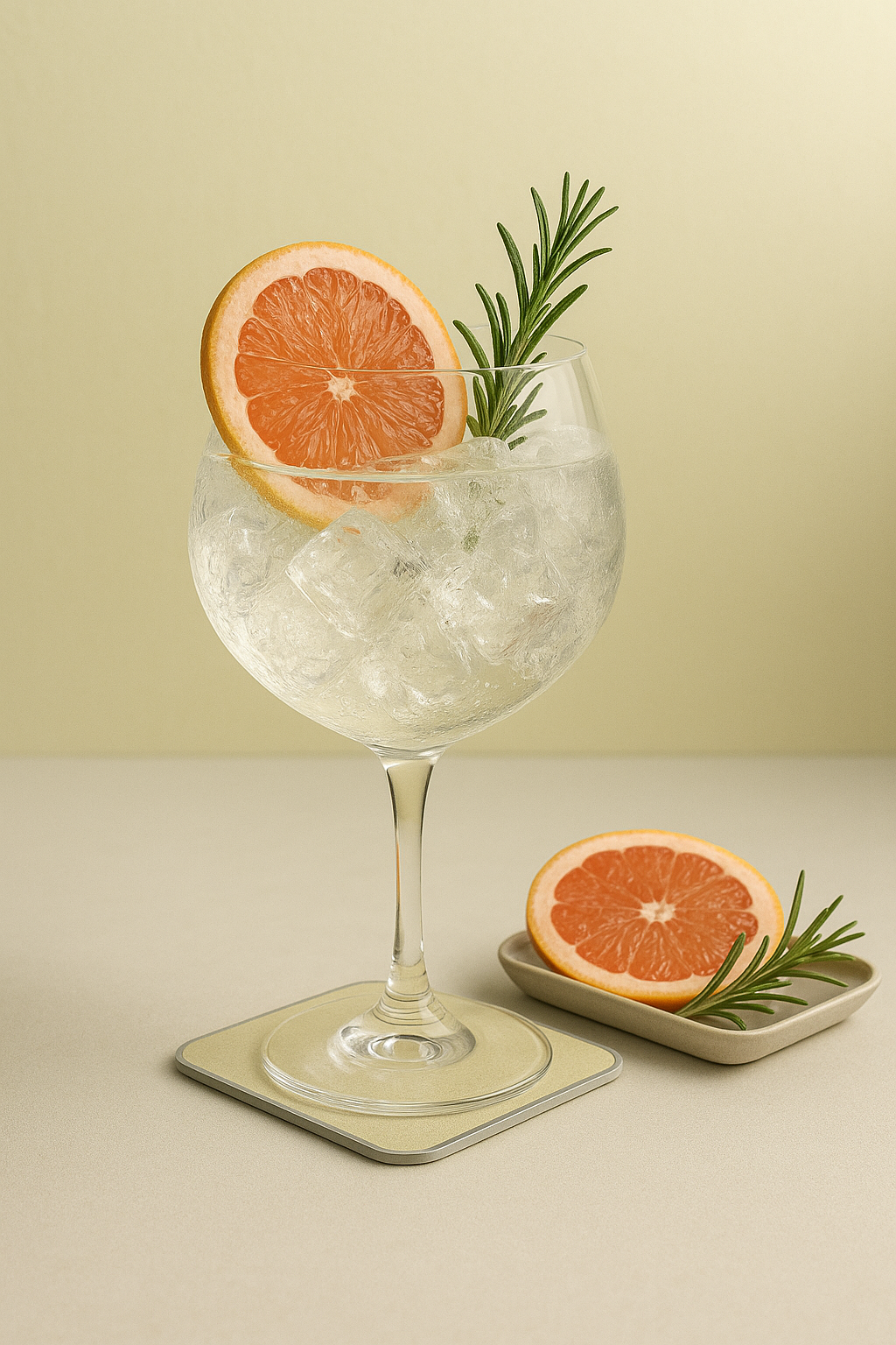 Ardent Gin served with East Imperial Old World Tonic Water, garnished with Pink Grapefruit Wheel and Fresh Rosemary Sprig