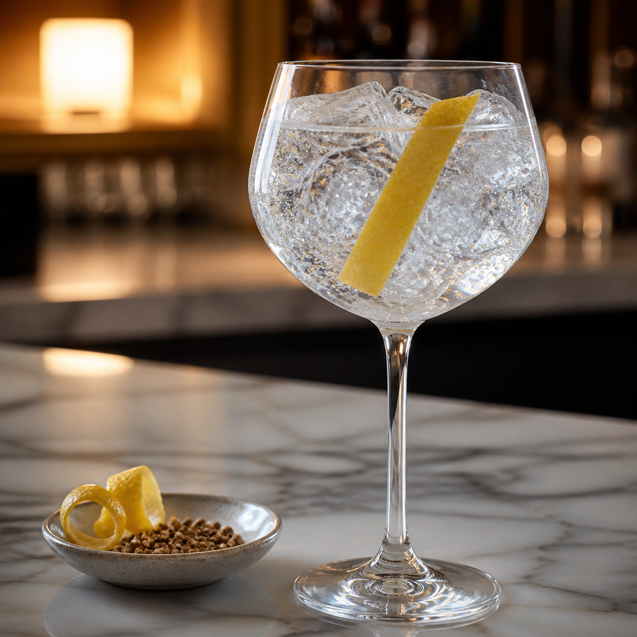 Goldie's Gin served with Fever-Tree Indian Tonic Water, garnished with Lemon peel