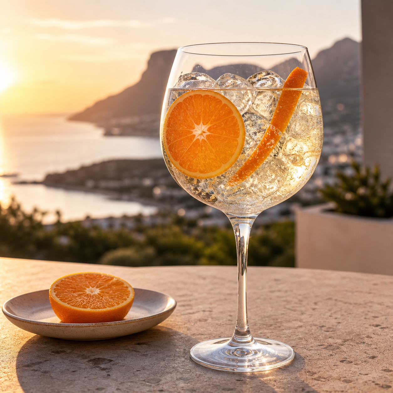 Ginfuse Sunset Naartjie served with Fever-Tree Mediterranean Tonic Water, garnished with Mandarin wheel and Mandarin peel