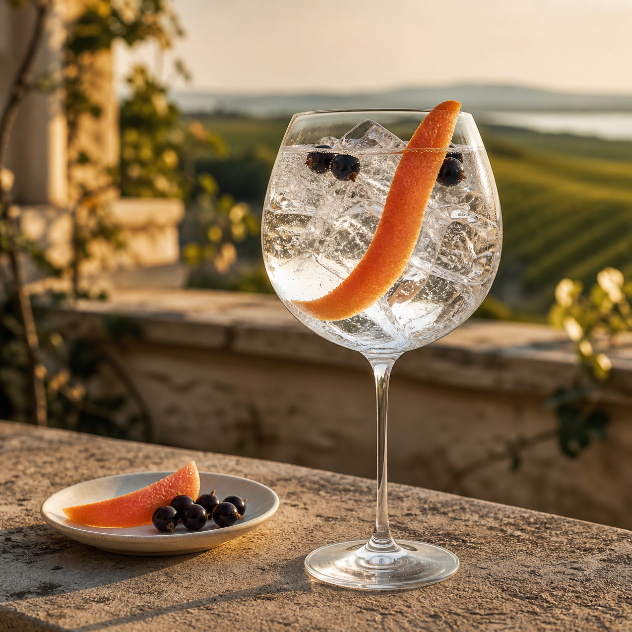 Seven Hills Tokaj Gin servi avec Fever-Tree Indian Tonic Water, agrémenté de Pink grapefruit peel et Blackcurrants