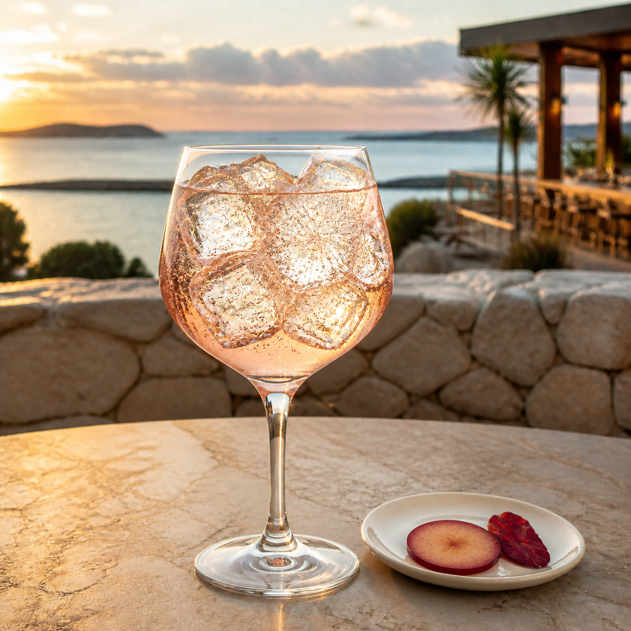 Clarity Sundrop Gin served with Fever-Tree Indian Tonic Water, garnished with Damson slice and Dried hibiscus petal