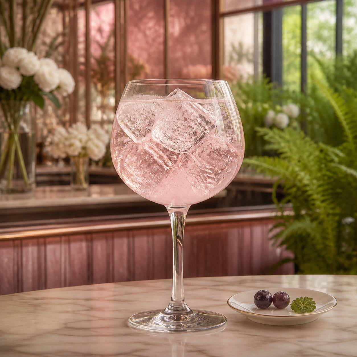 Freeland Pink Gin servi avec Fever-Tree Elderflower Tonic Water, agrémenté de Huckleberries et Lemon balm leaf