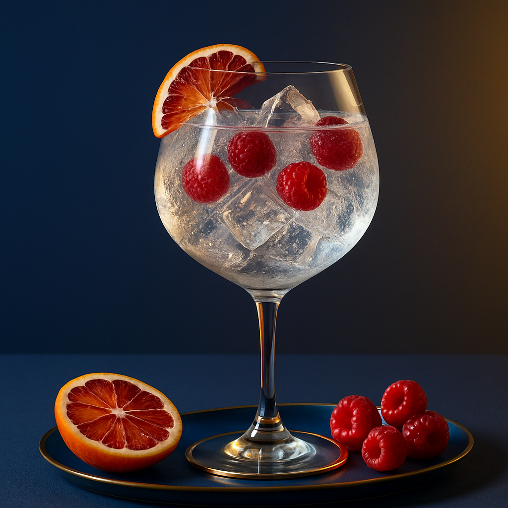 Gin de Terroir – Pinot Noir servi avec Thomas Henry Tonic Water, agrémenté de Blood Orange Slice et Fresh Raspberries