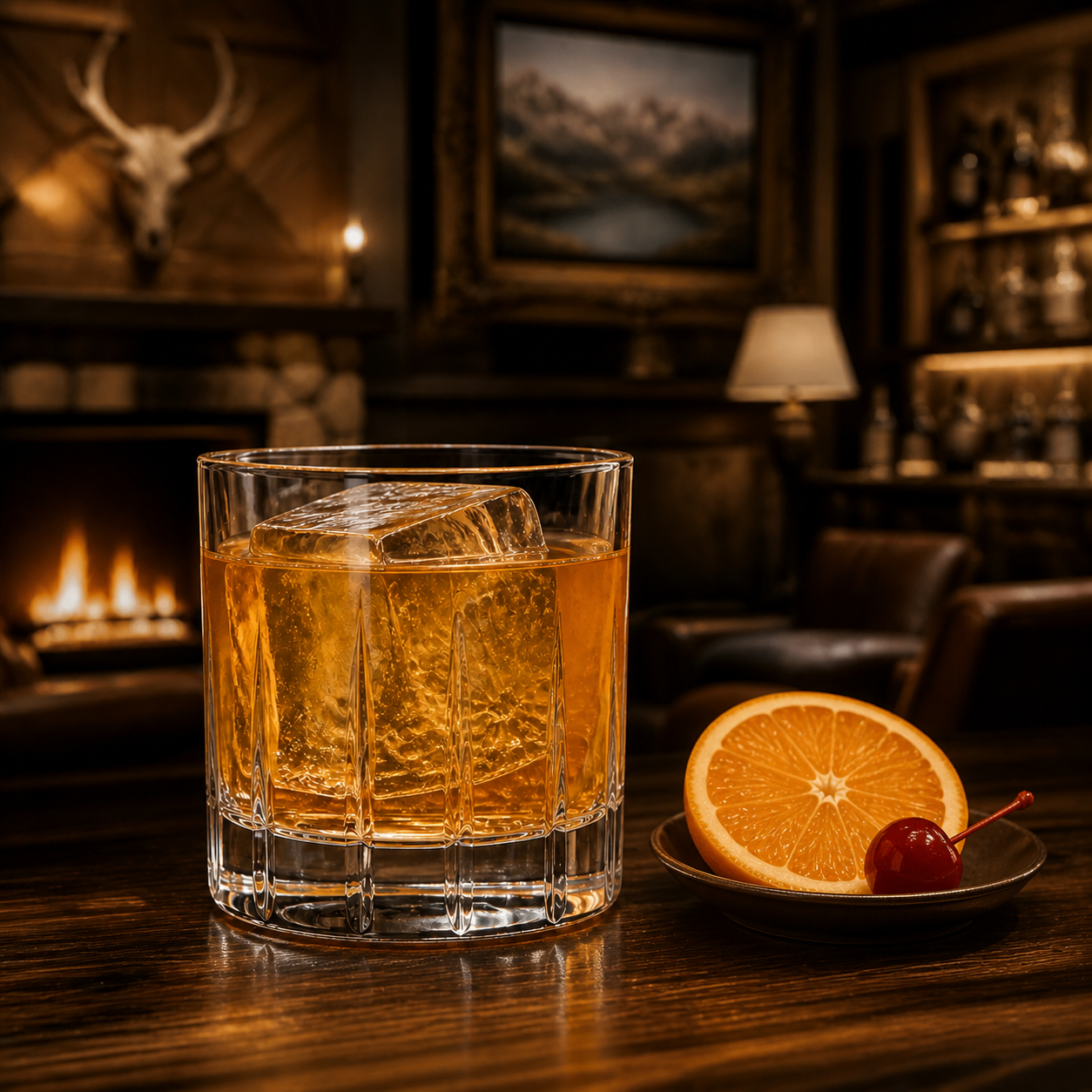 Gold Dirt Rocky Mountain Gin served, garnished with Orange half-wheel and Luxardo cherry