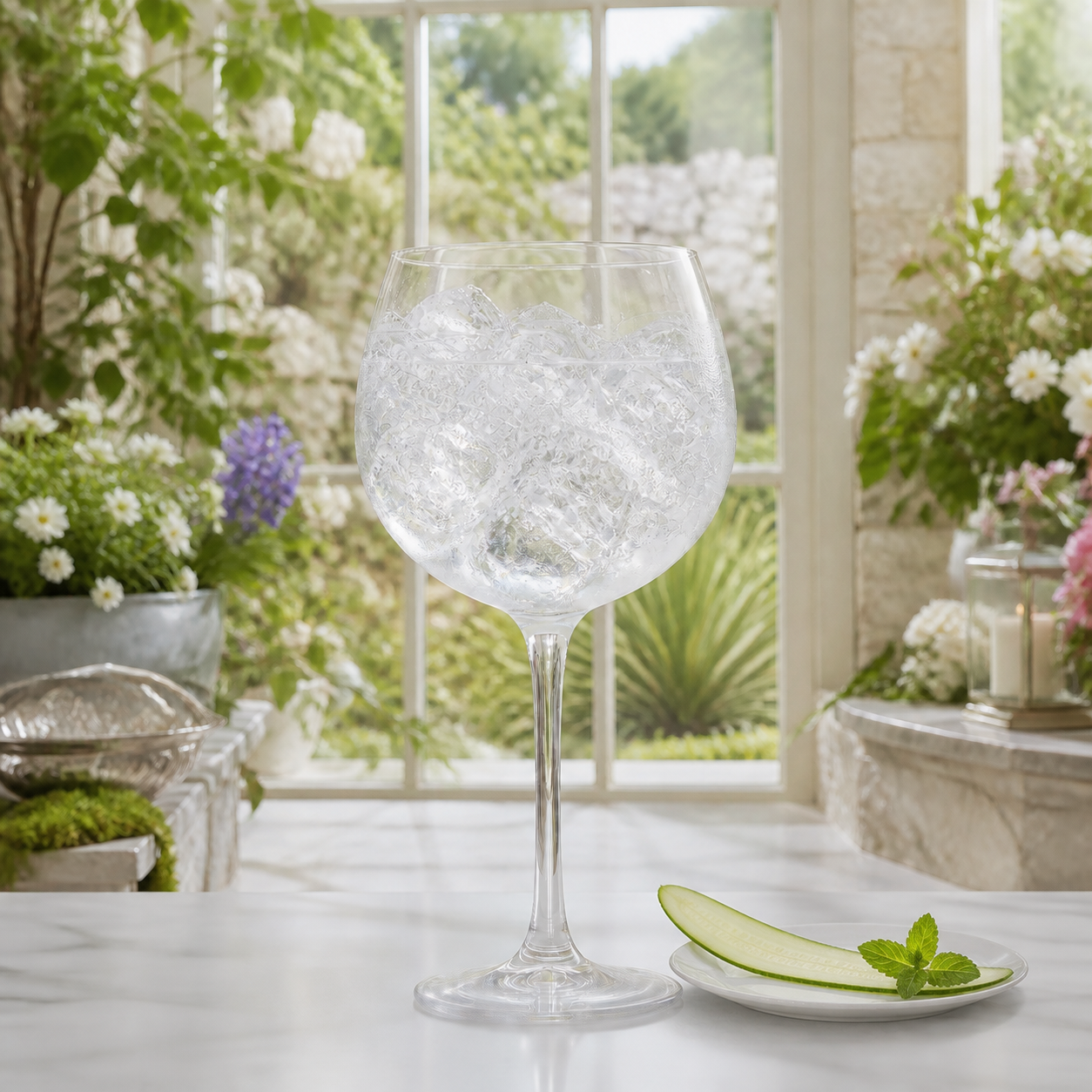 Tarquin's Cucumber & Mint Gin served with Fever-Tree Mediterranean Tonic Water, garnished with Cucumber ribbon and Mint sprig