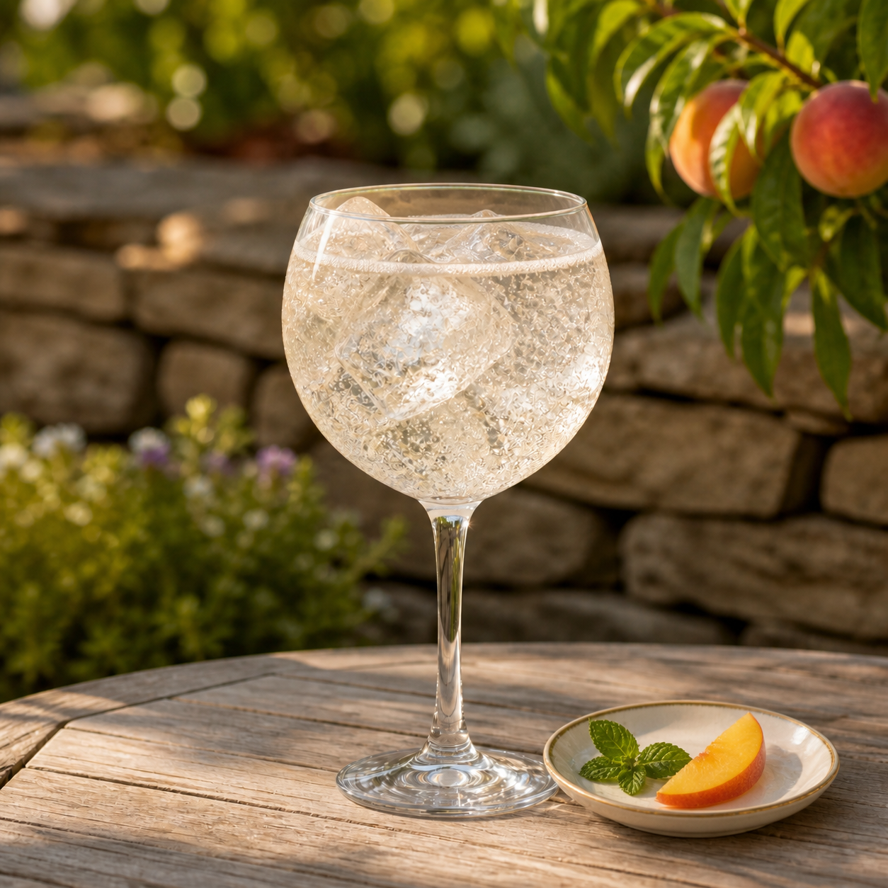 Tarquin's Peach & Apricot Gin served with Fever-Tree Sicilian Lemon Tonic, garnished with Peach wedge and Mint sprig