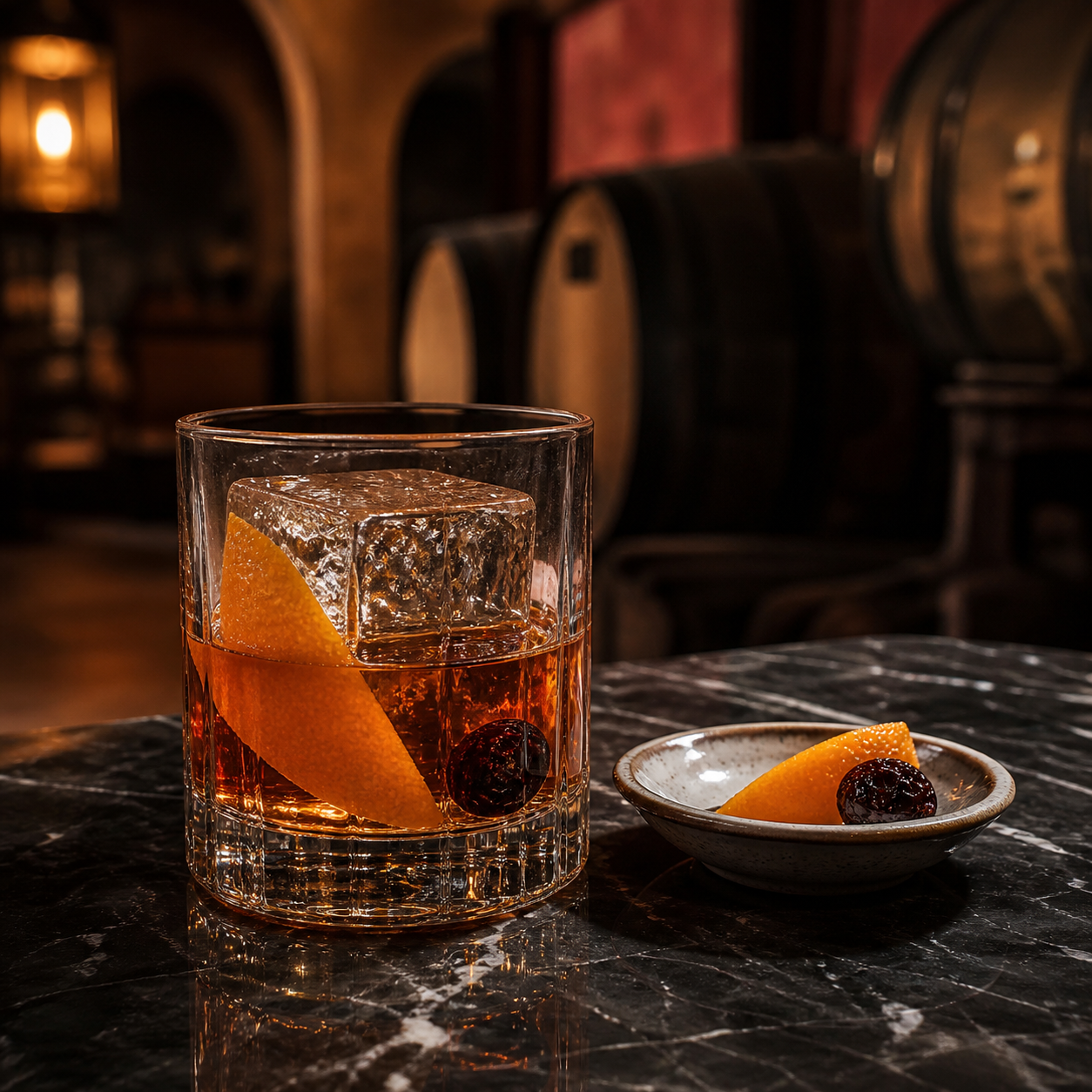 Gin Siderit Reserve Sherry Cask served, garnished with Orange peel and Unsweetened dried cherry