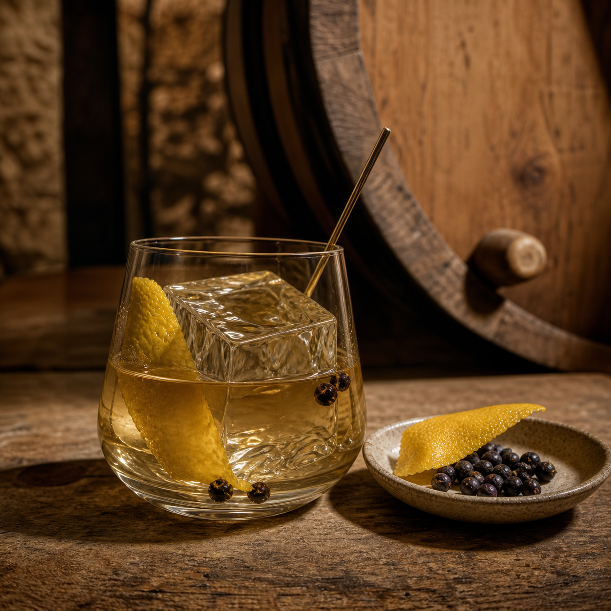 Gin Siderit Reserve Juniper Cask servi, agrémenté de Lemon peel et Juniper berries