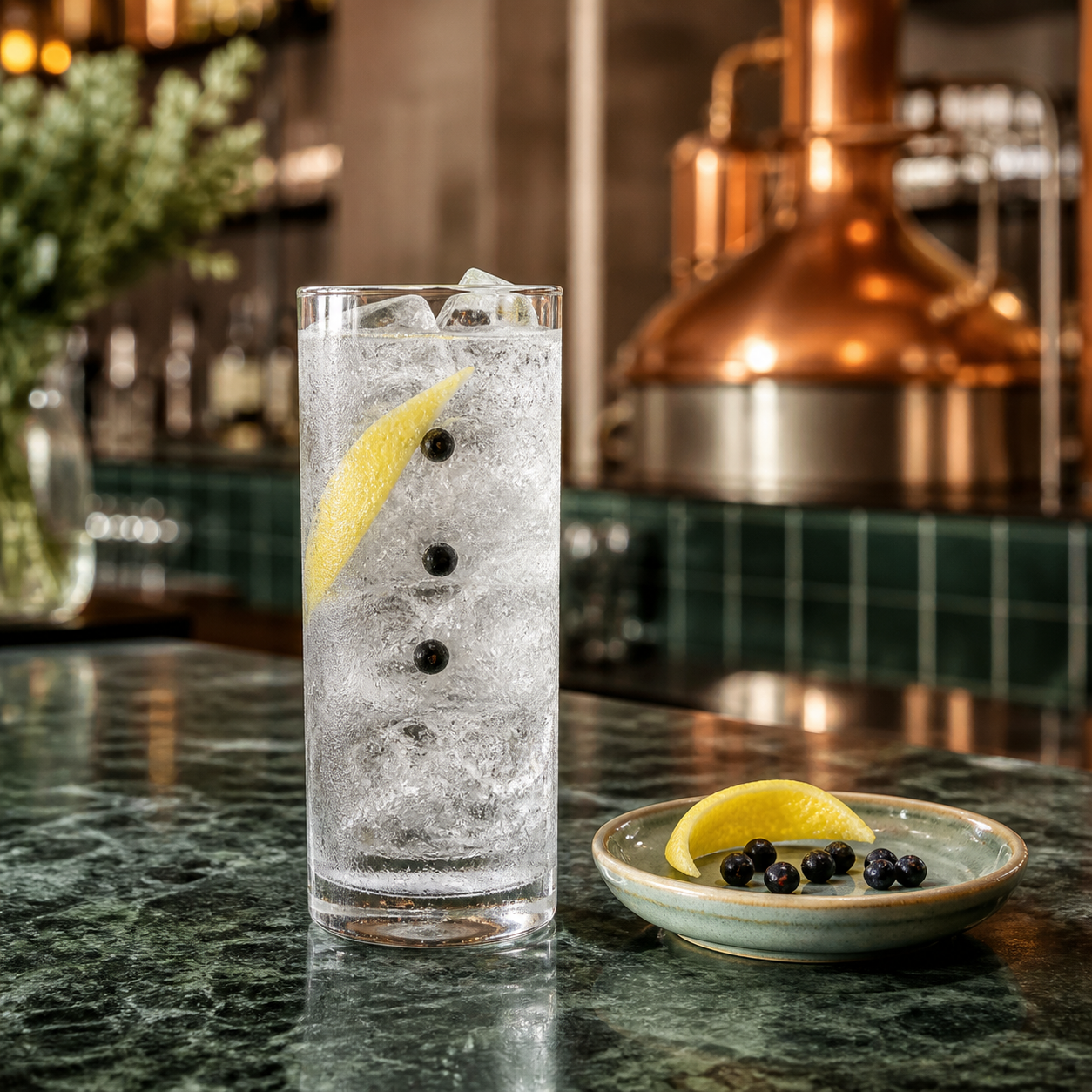 Winestillery Copper Strength served with Fever-Tree Indian Tonic Water, garnished with Lemon peel and Juniper berries