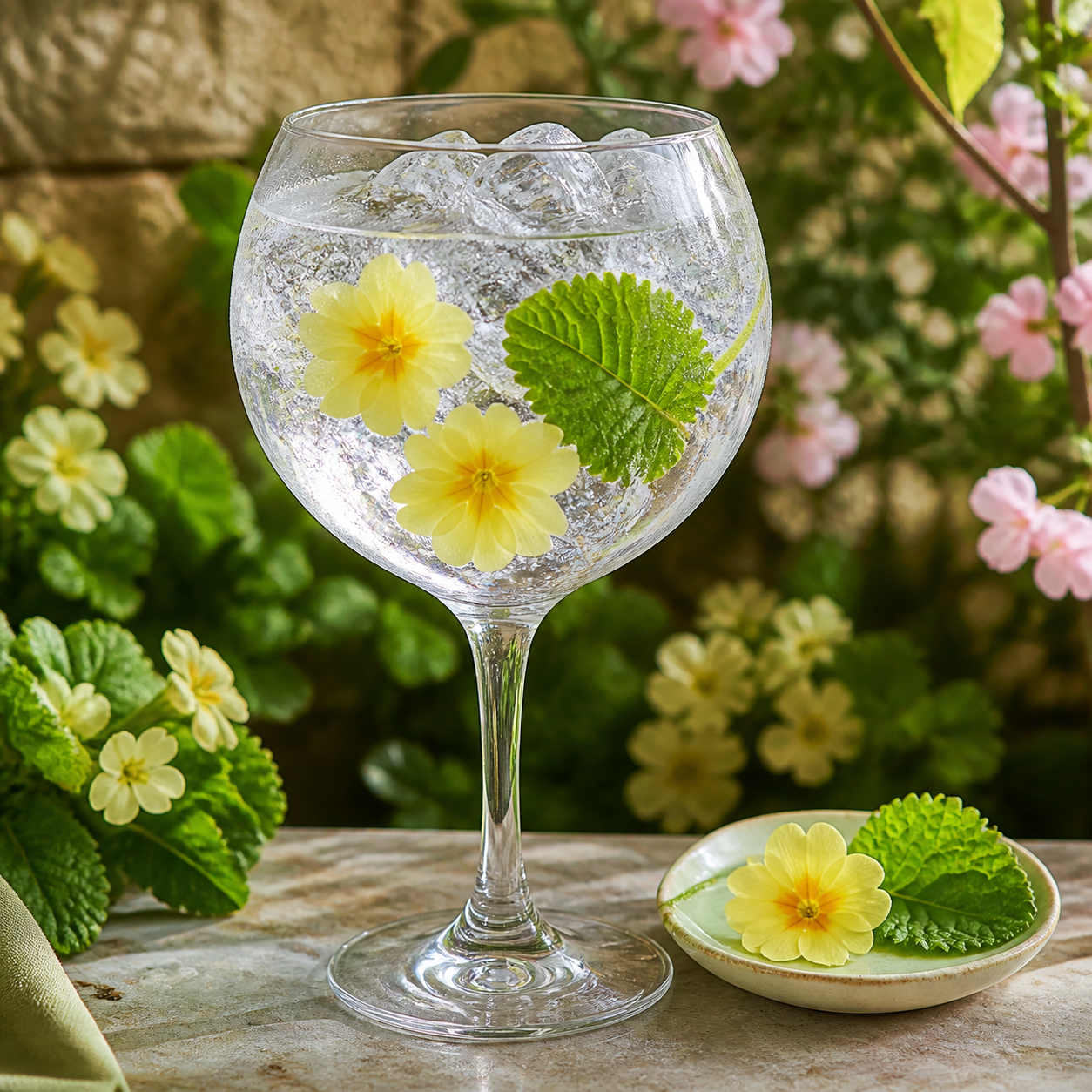 Eugin Primavera served with Fever-Tree Indian Tonic Water, garnished with Edible primrose flowers and Young hazel leaf