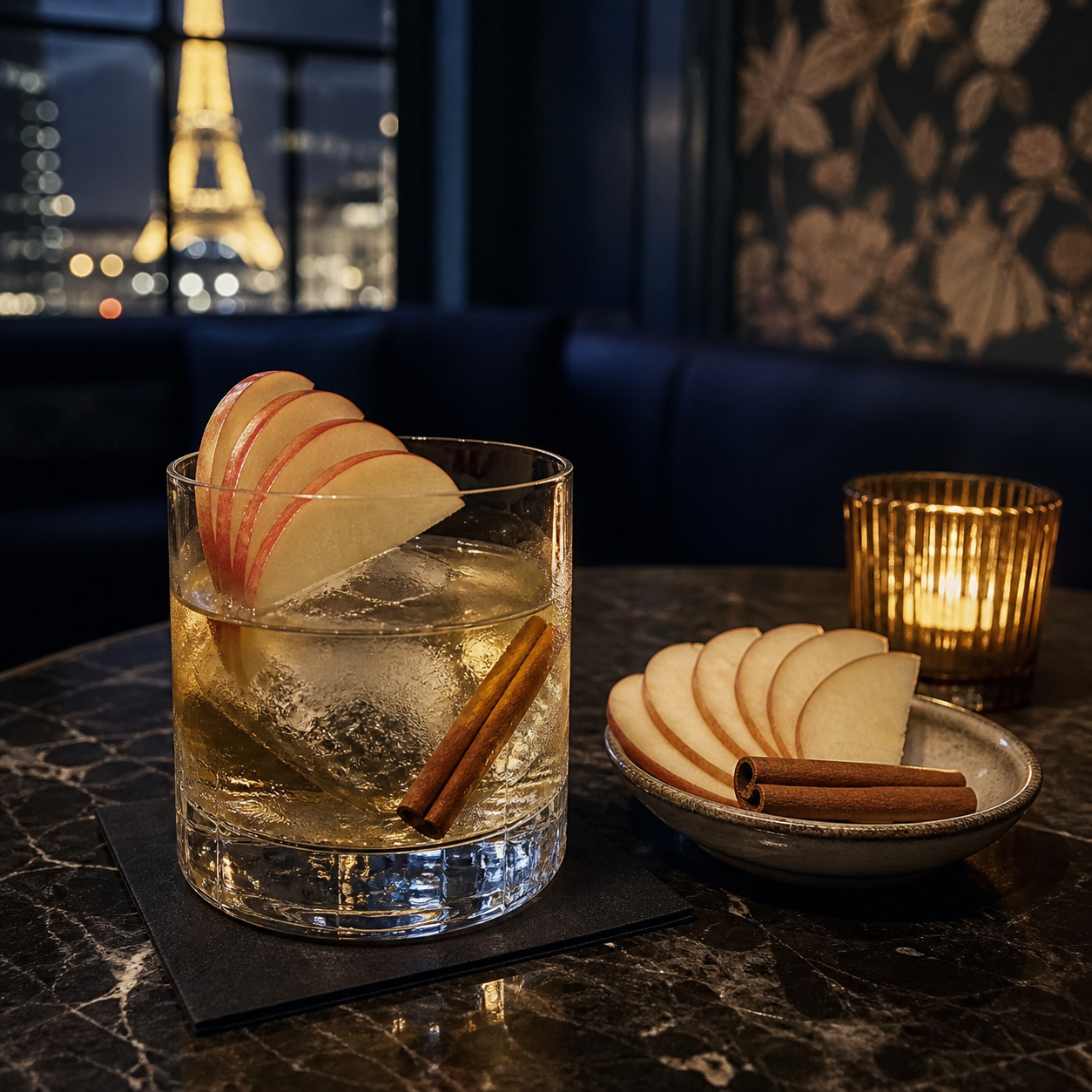 Gin L'Etoile served, garnished with Apple fan and Cinnamon stick