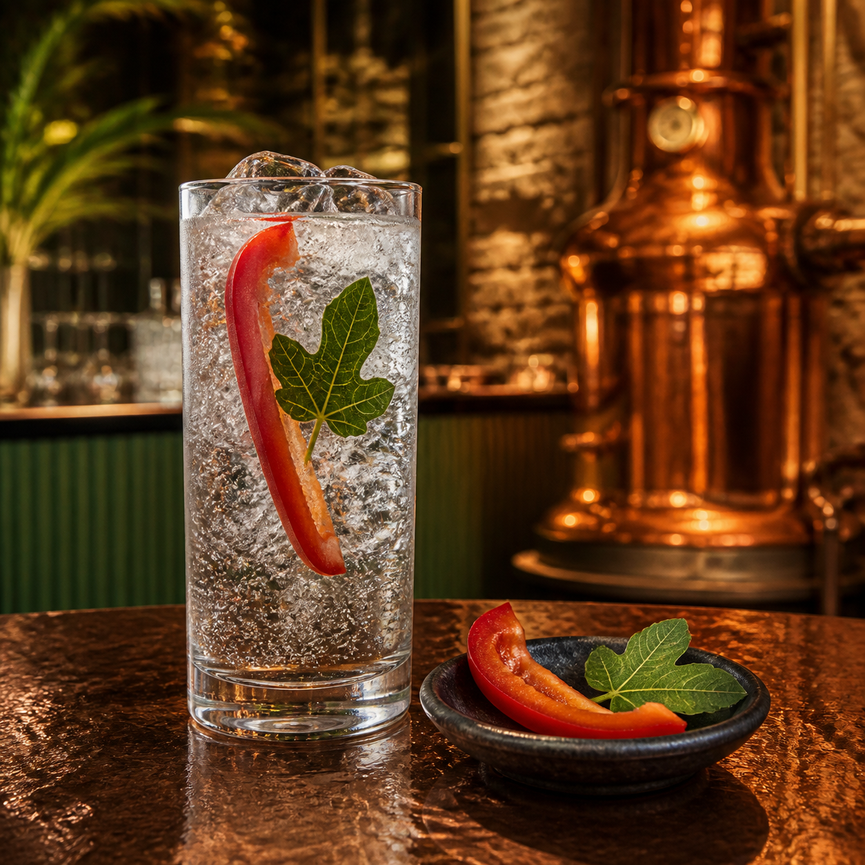Gin La Force served with Fever-Tree Indian Tonic Water, garnished with Sweet red pepper strip and Edible fig leaf
