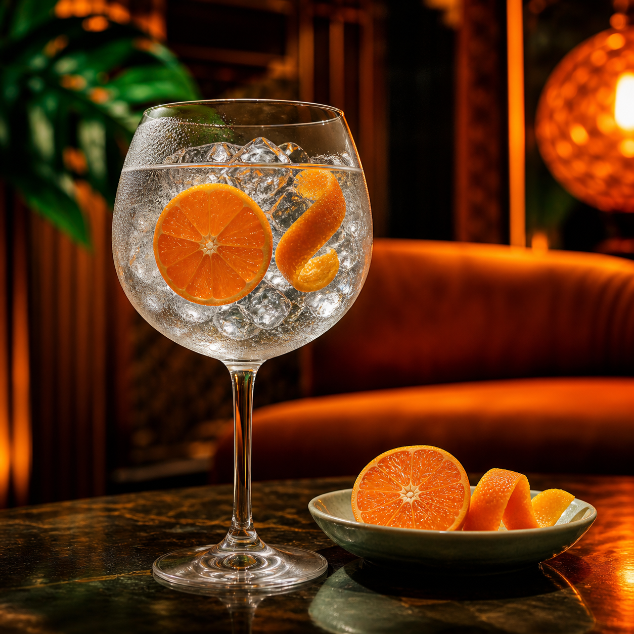 Assensus Mandarin Gin served with Fever-Tree Indian Tonic Water, garnished with Mandarin wheel and Mandarin peel
