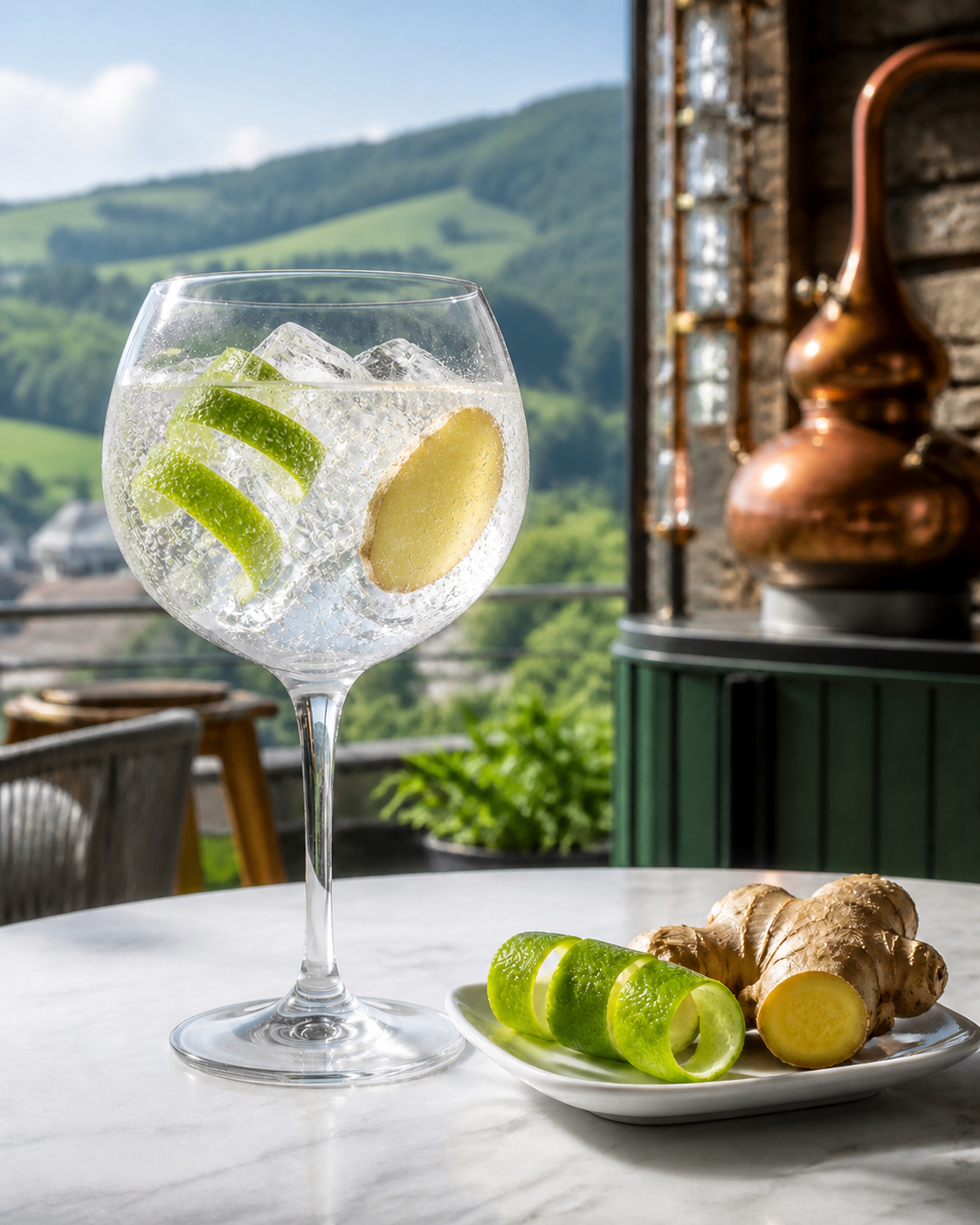Gin Siderit Gingerlime served with Fever-Tree Indian Tonic Water, garnished with Lime peel and Fresh ginger slice
