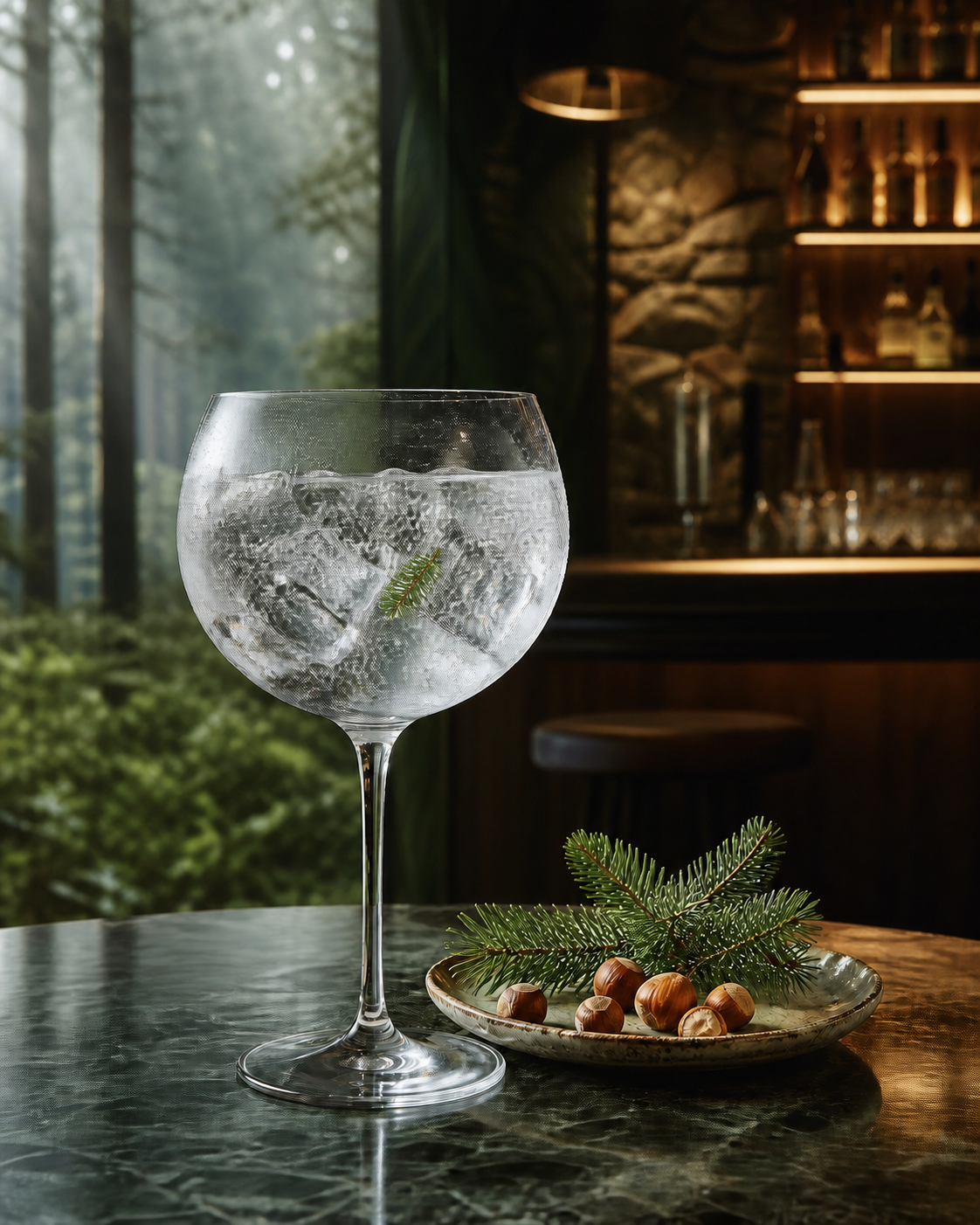 Eugin Foresta served with Fever-Tree Indian Tonic Water, garnished with Raw hazelnuts and Fir sprig