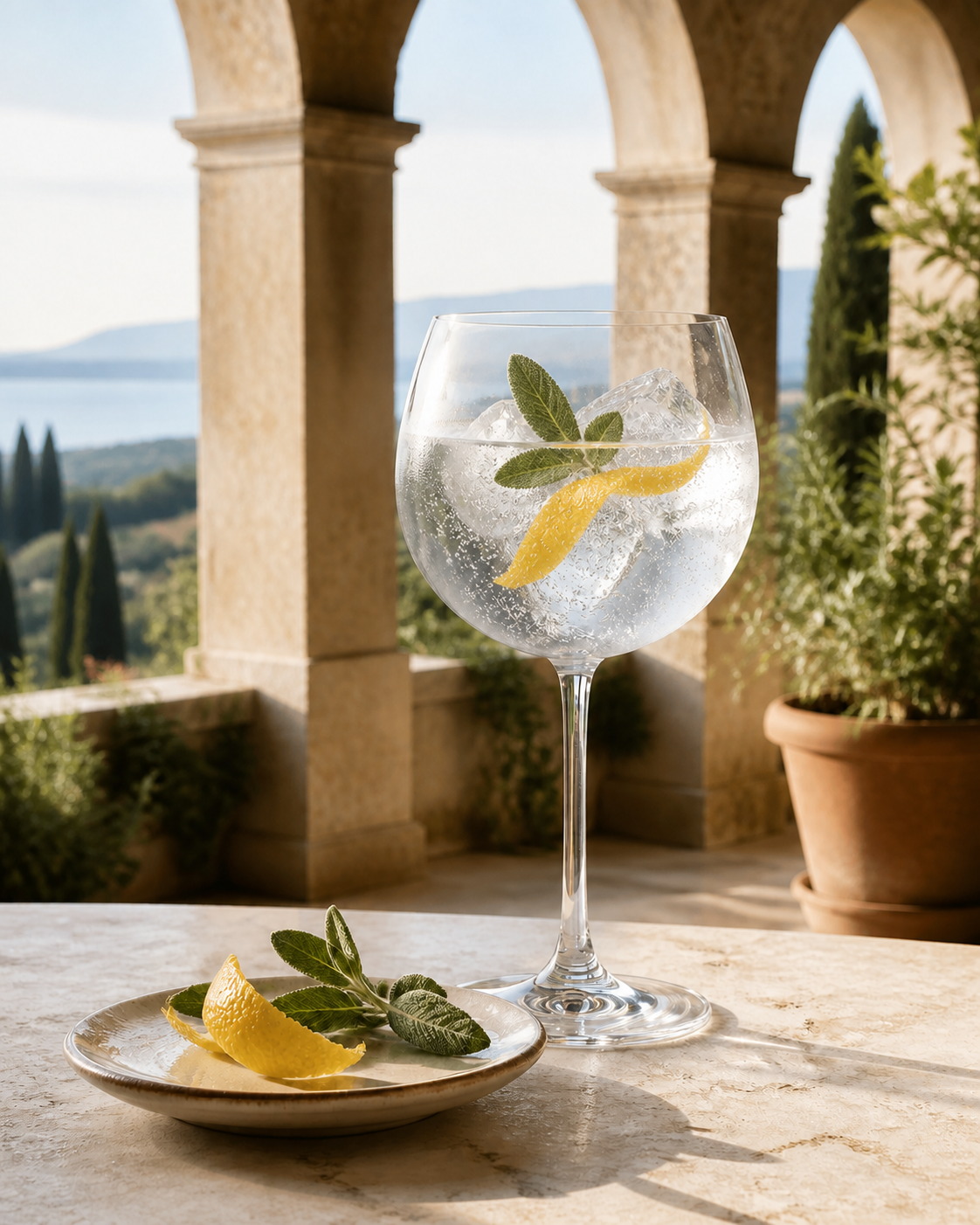 1861 Gin served with Fever-Tree Indian Tonic Water, garnished with Lemon peel and Sage sprig