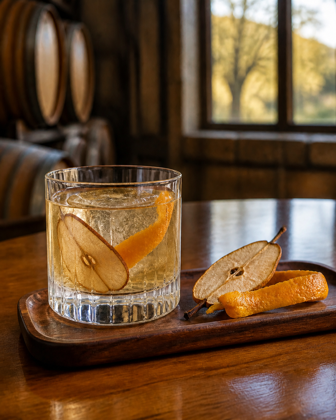 Grand Nez Gin de Reserve BIO served with Fever-Tree Ginger Ale, garnished with Dried pear slice and Orange peel