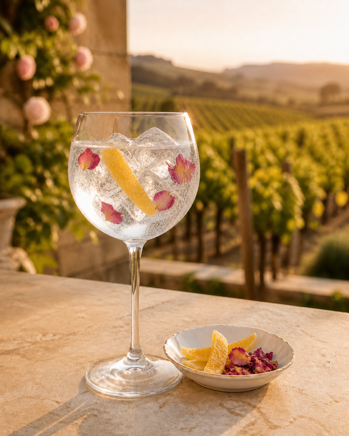 Grand Nez Spirits Edition Limitee 2024 served with Fever-Tree Mediterranean Tonic Water, garnished with Candied lemon and Damask rose petals